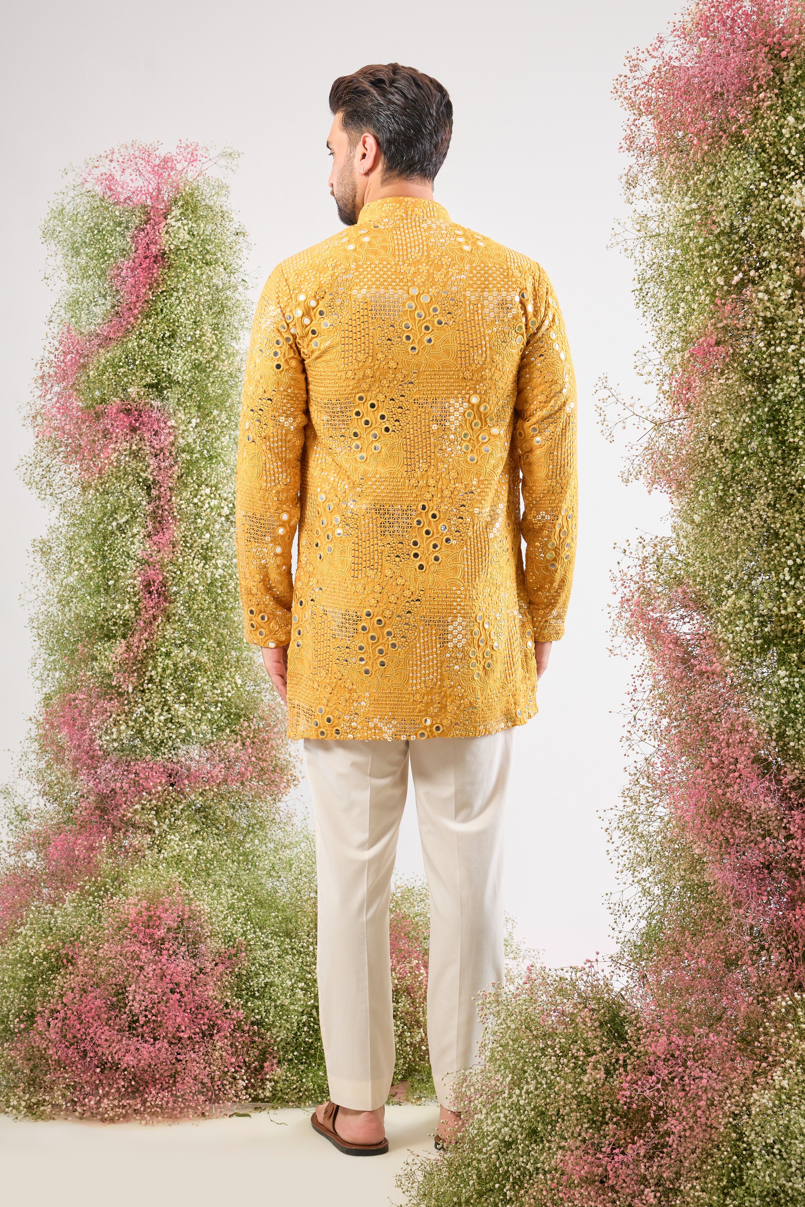 mustard short mirror work kurta with delicate floral pattern and sequin embroidery