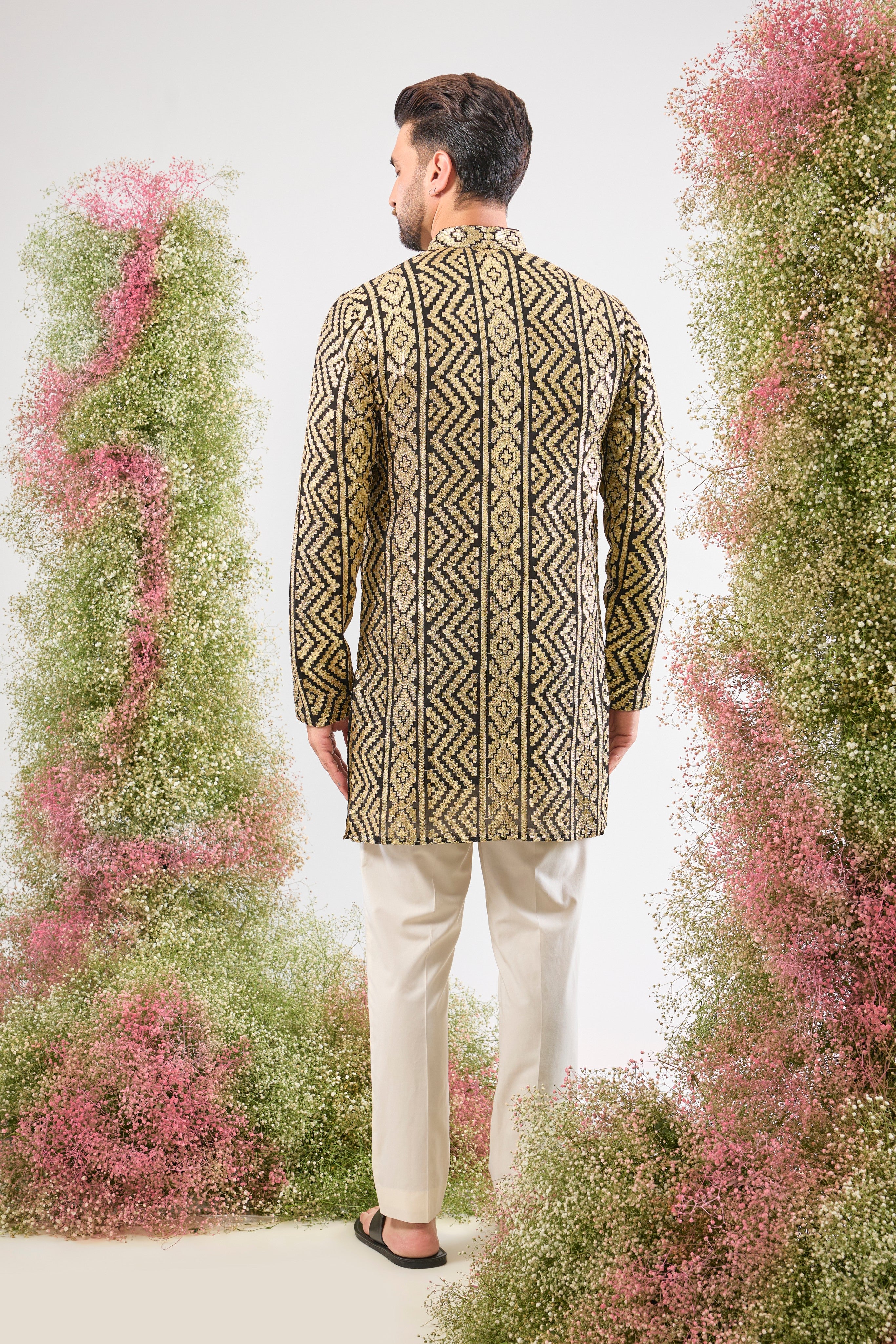 Bold Black, brilliant Gold. Our Short Kurta is pure evening drama!