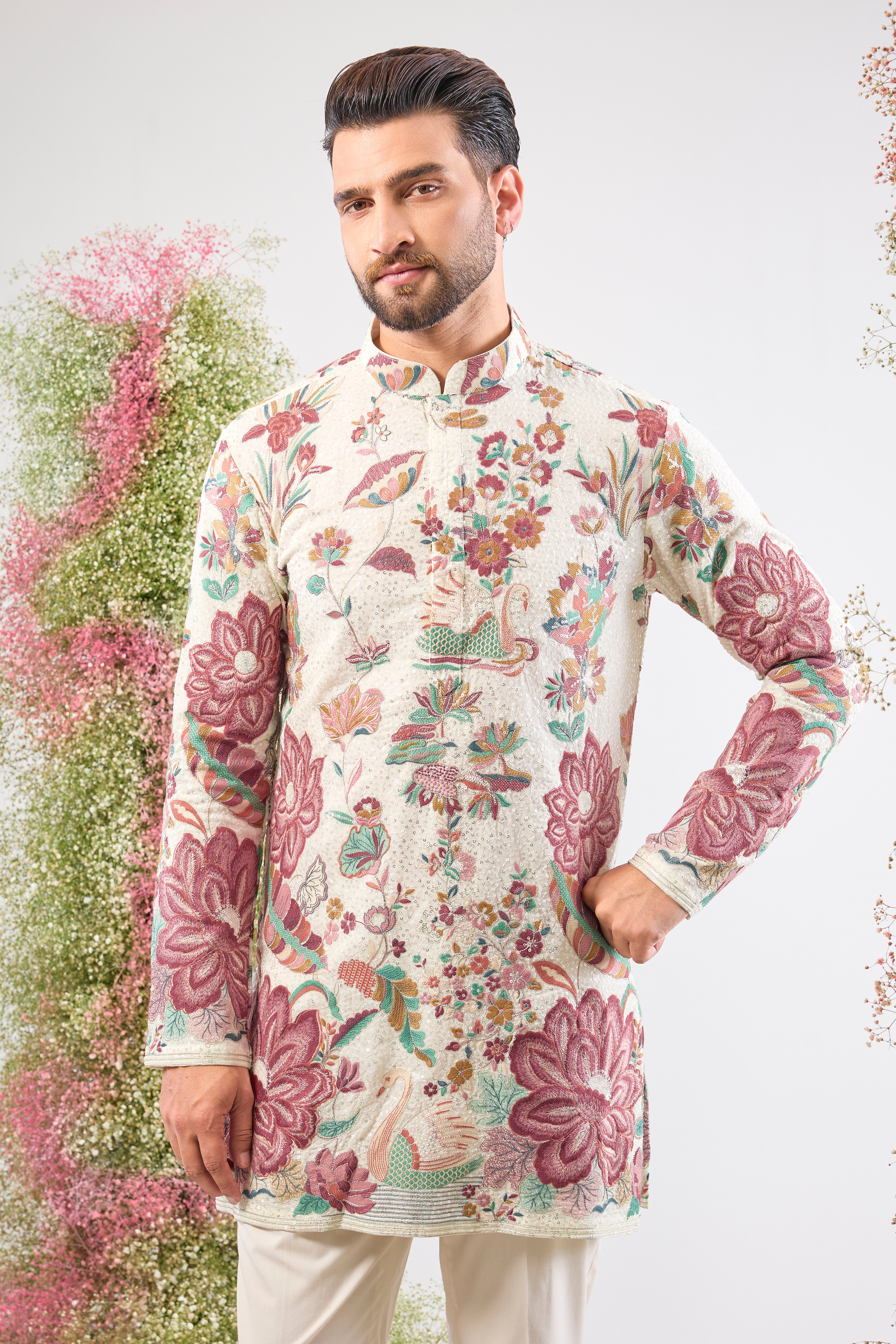 Ethereal White. Charming details. Our Sequined Kurta features beautiful Flamingos and Lotus motifs—a truly exquisite look. 🤍🦩