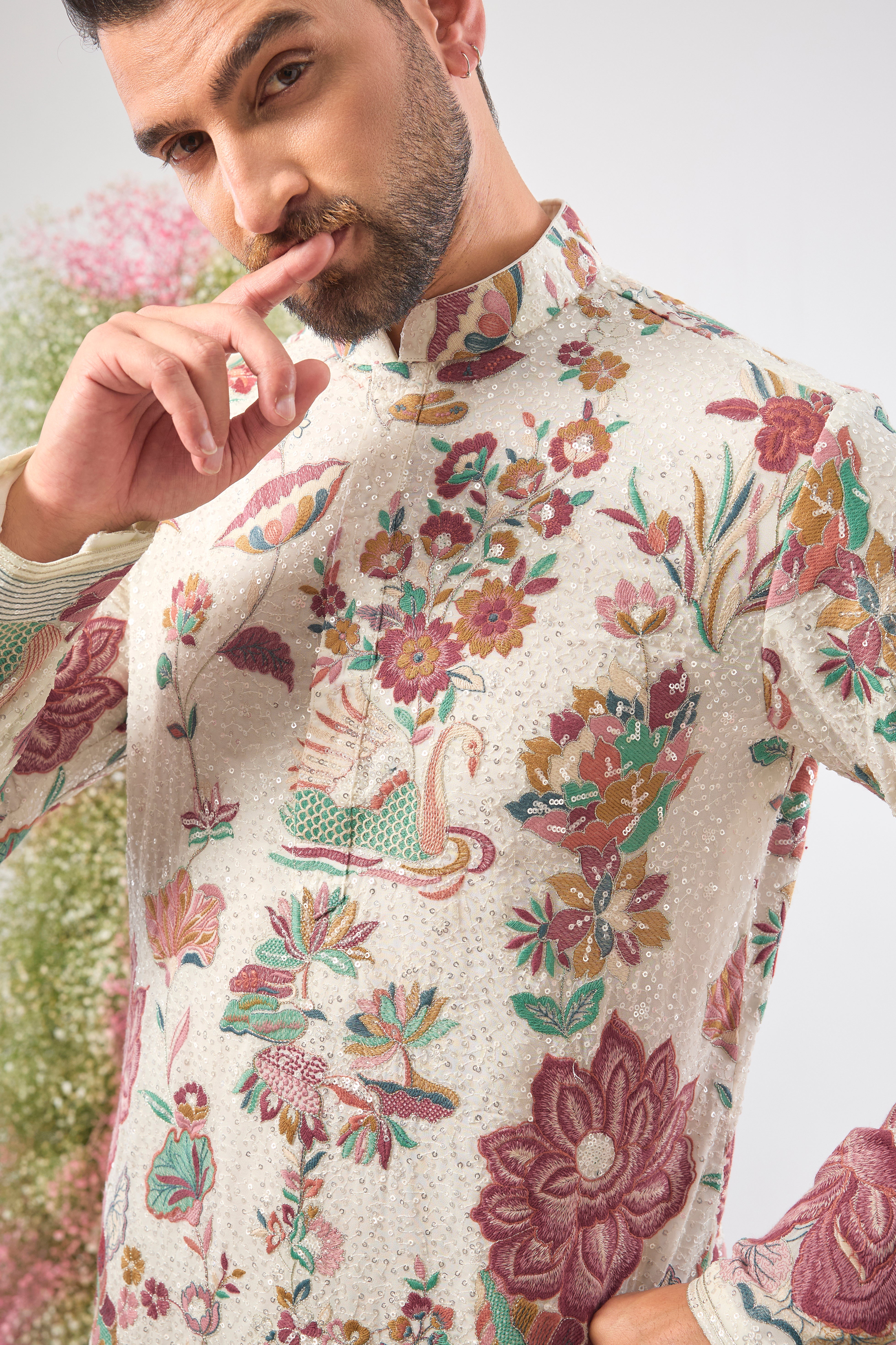 Ethereal White. Charming details. Our Sequined Kurta features beautiful Flamingos and Lotus motifs—a truly exquisite look. 🤍🦩