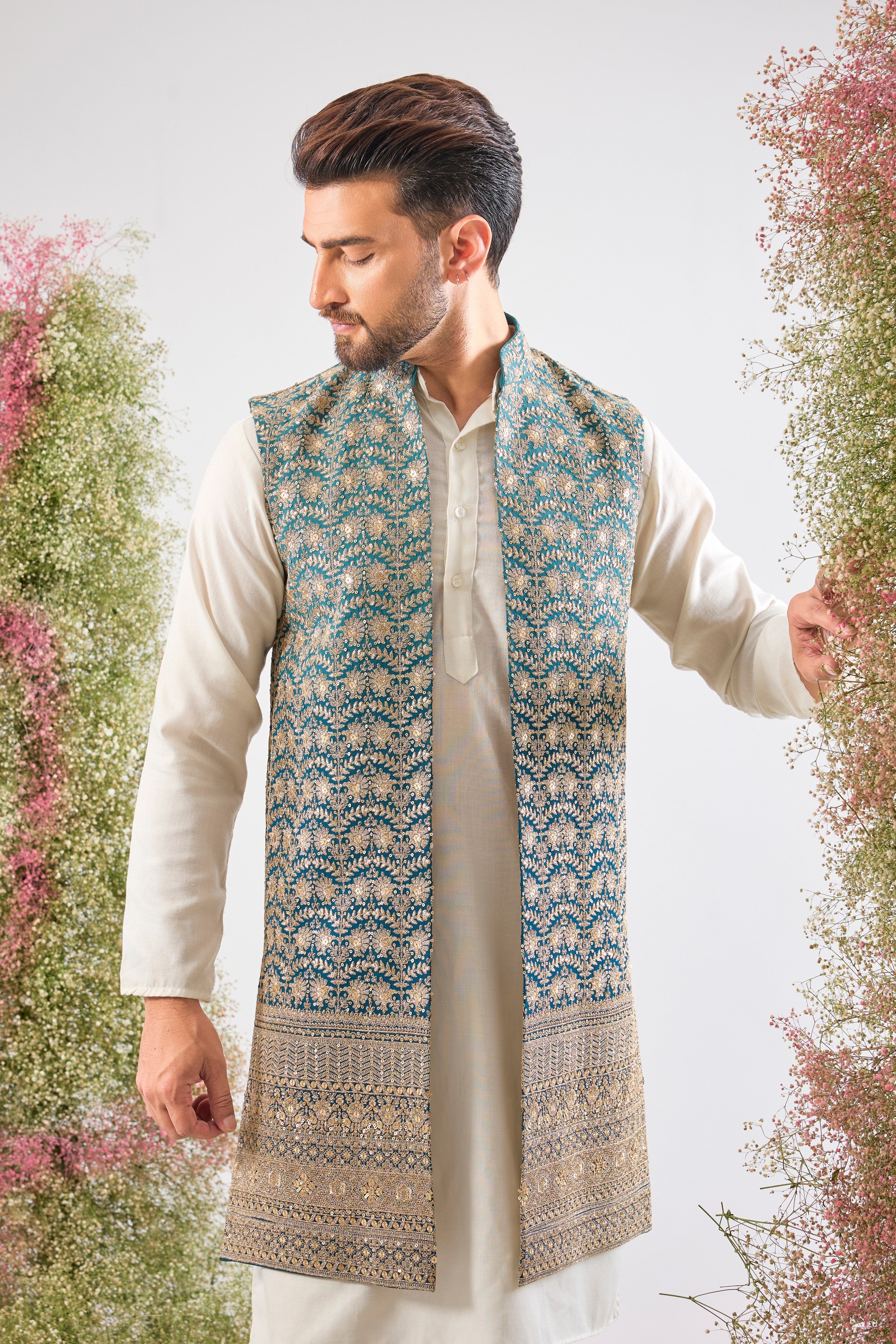 Blue Ombre brilliance. Our Long Open Jacket is dressed in intense Heavy Zari and Sequin Work. Maximum impact, minimal effort. 💙