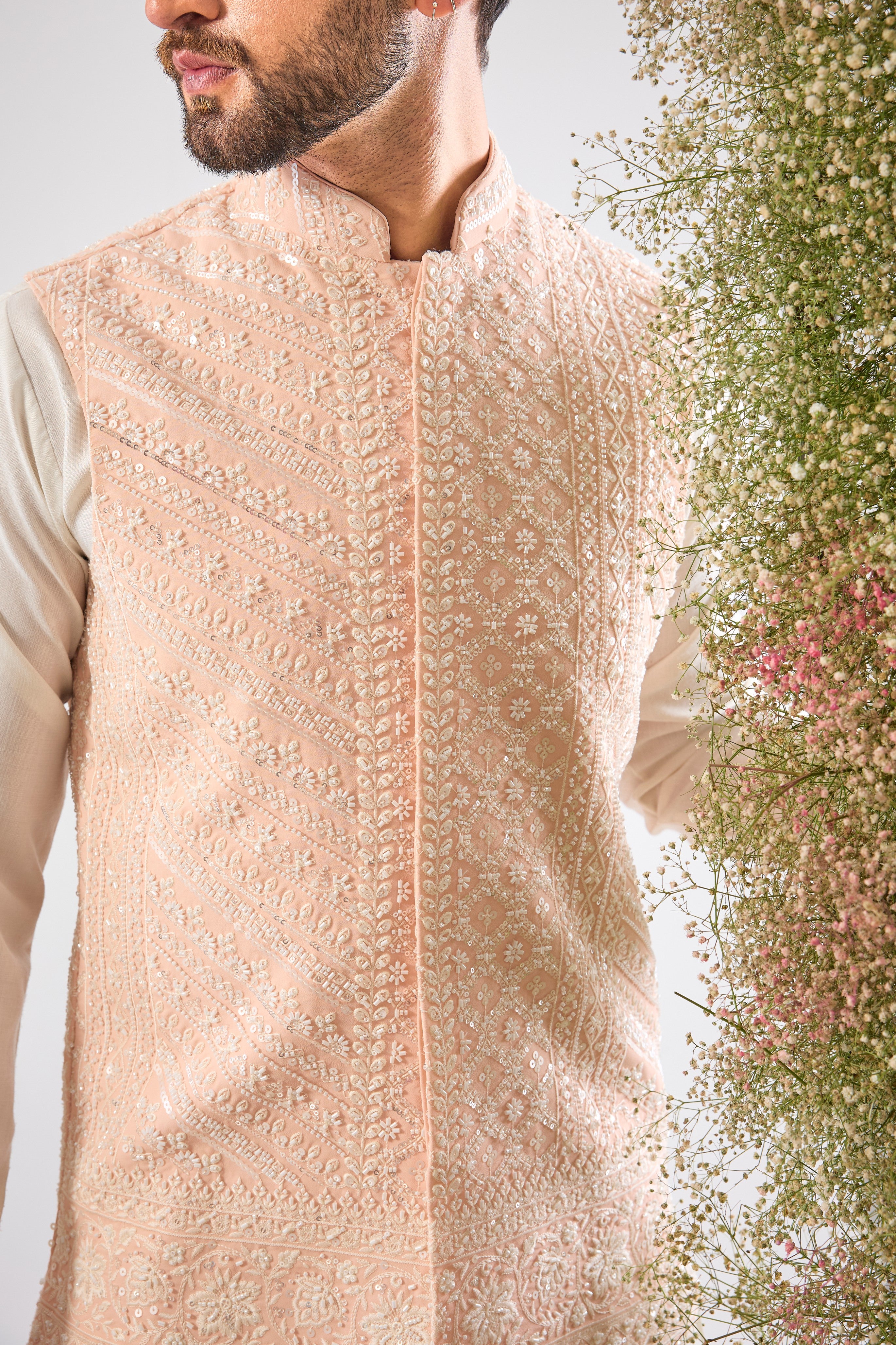Pink Power. Pure Opulence. This Short Jacket with Heavy Hand Work Cut Dana is one of our heaviest Nehru Jackets EVER! Unforgettable craftsmanship.