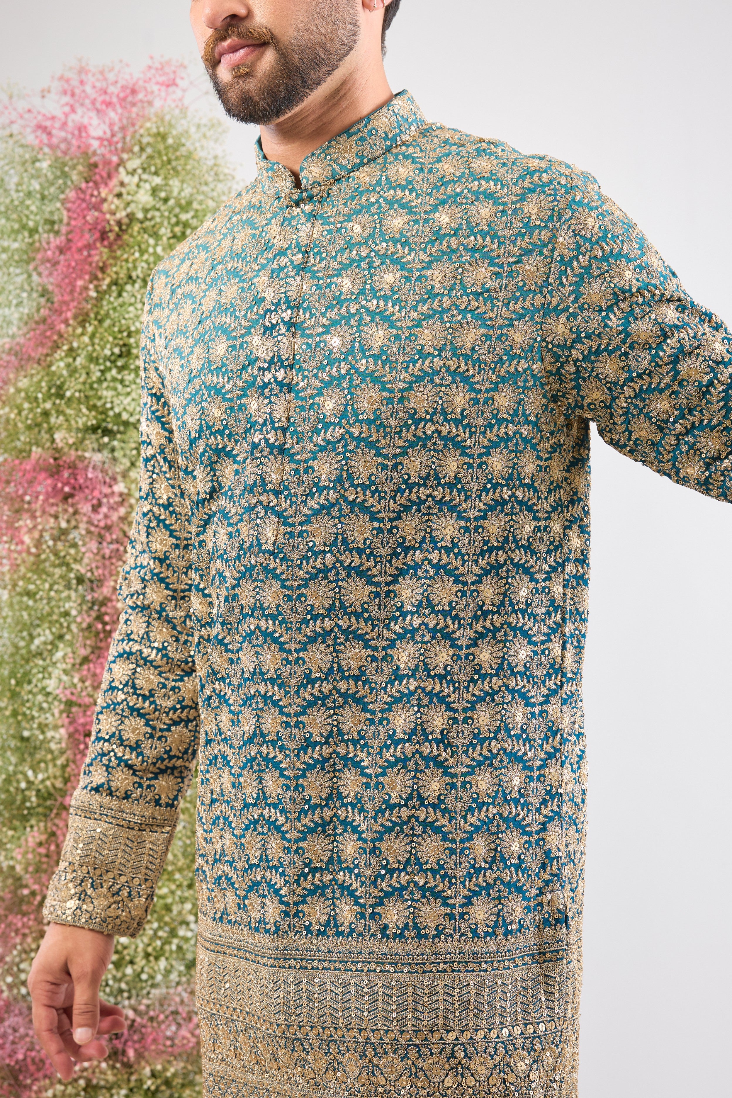 Blue Ombre brilliance. Our Short Kurta is fully adorned with Heavy Zari Work and shimmering sequin details. Bold style, short silhouette.