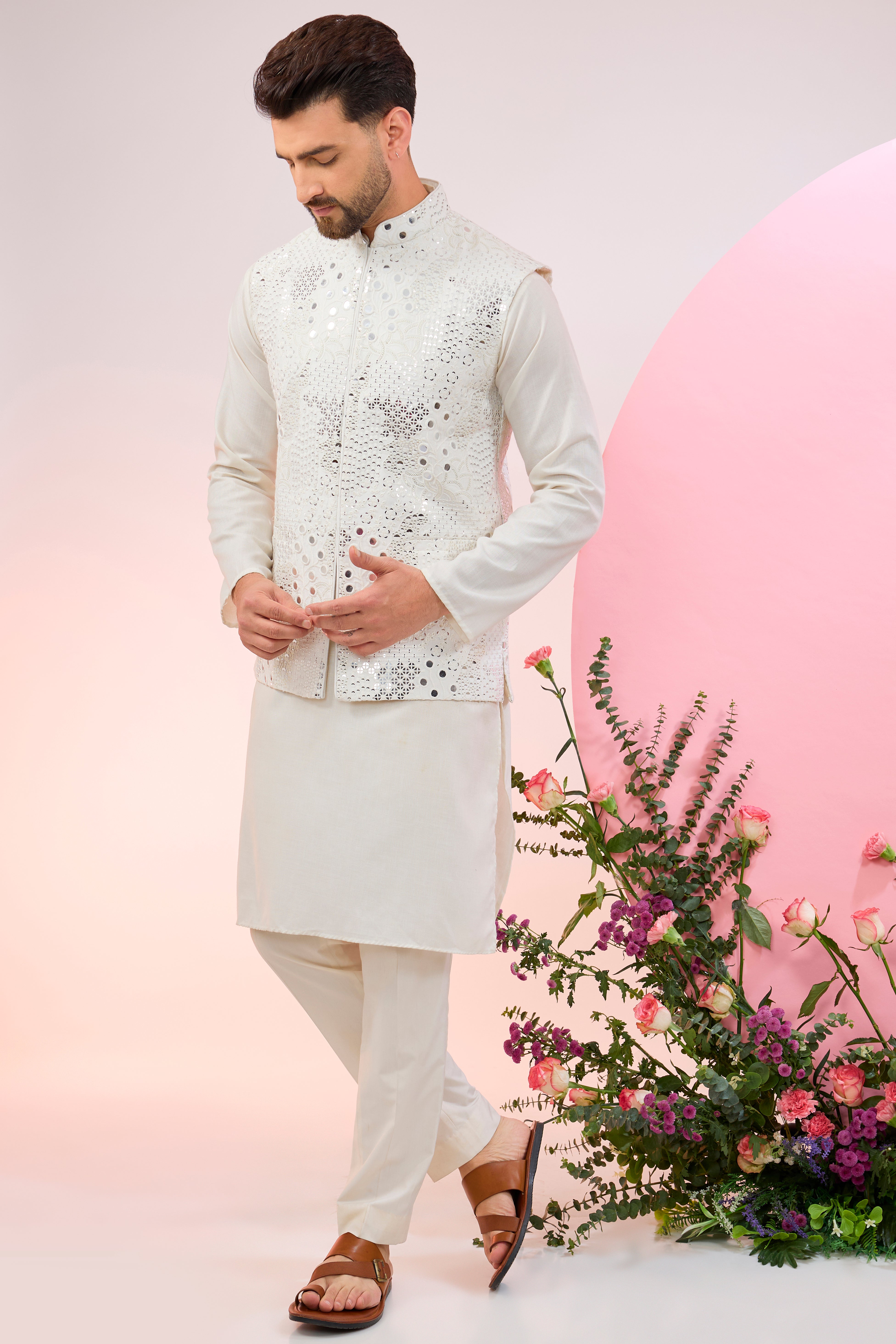 white short nehru jacket with detailed mirror work