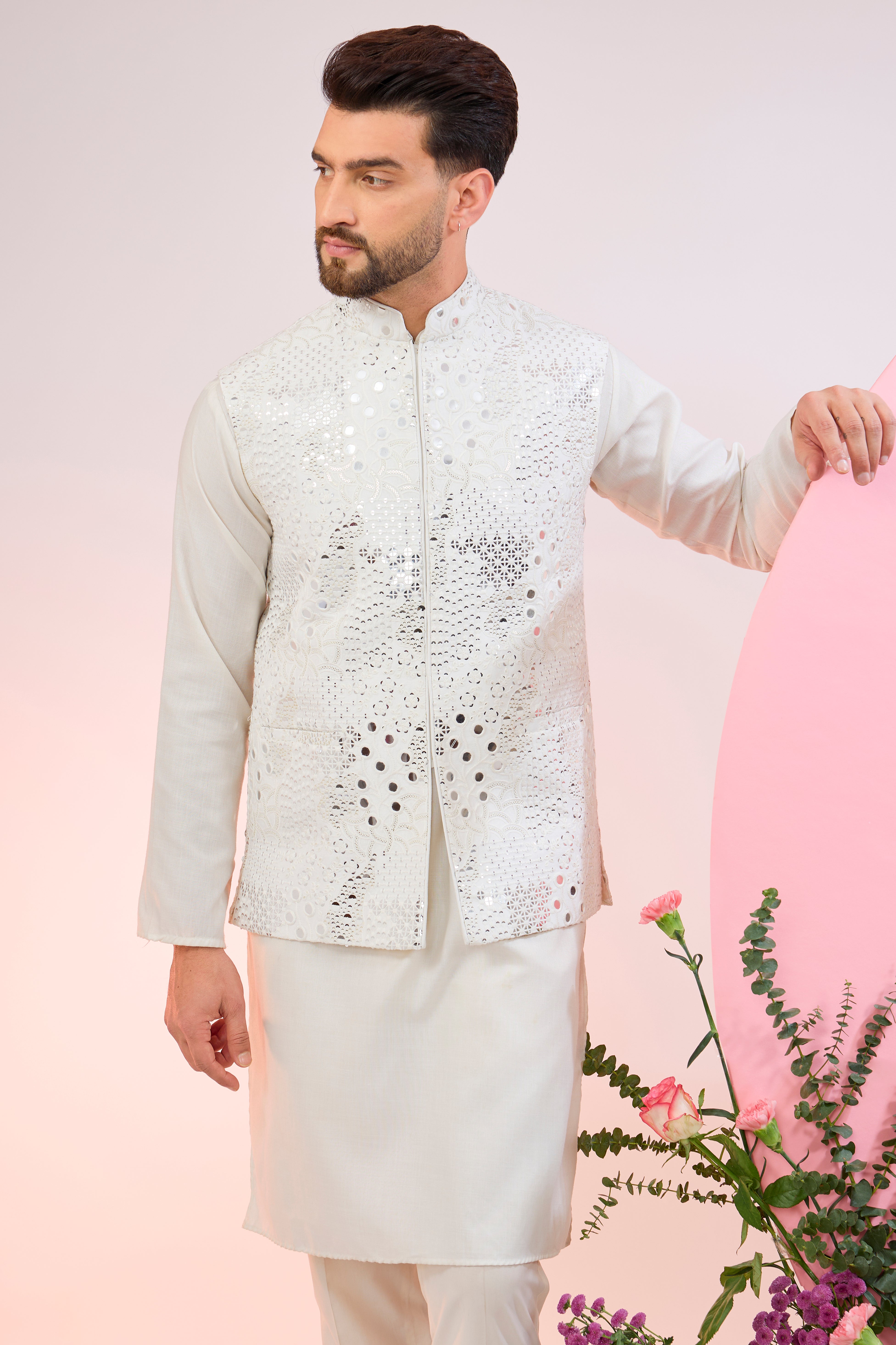 white short nehru jacket with detailed mirror work