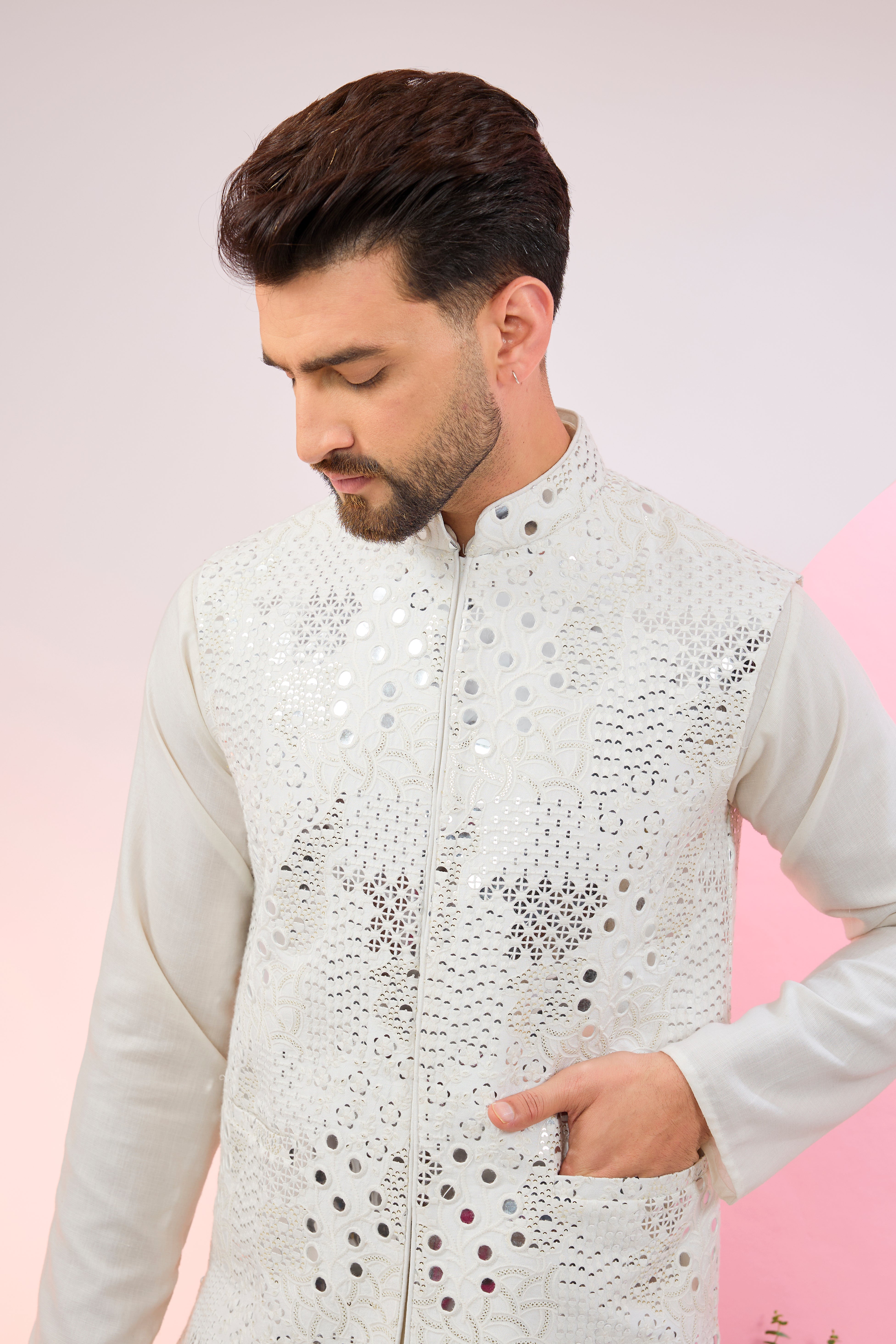 white short nehru jacket with detailed mirror work