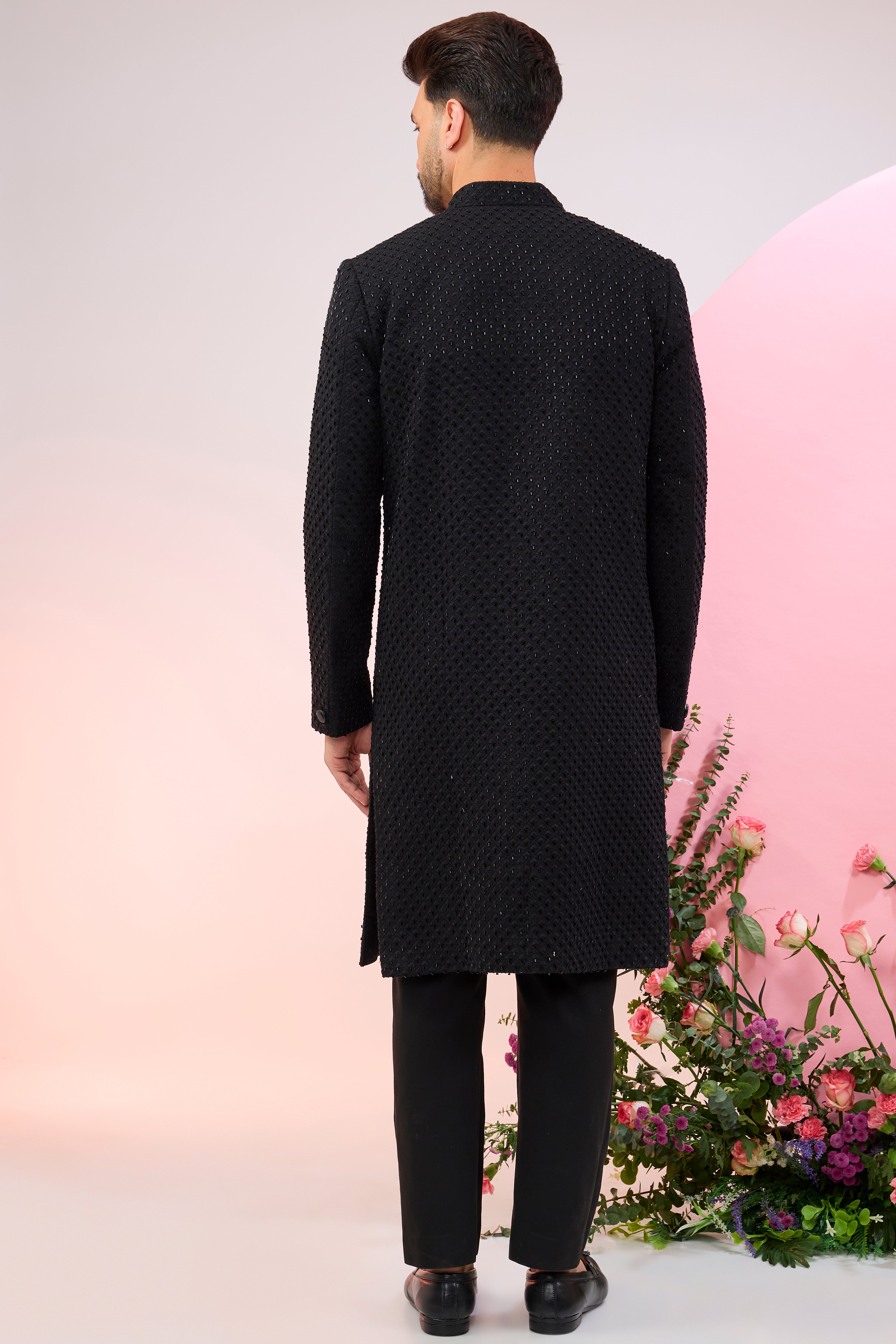 Classic black sherwani with deatiled cut dana