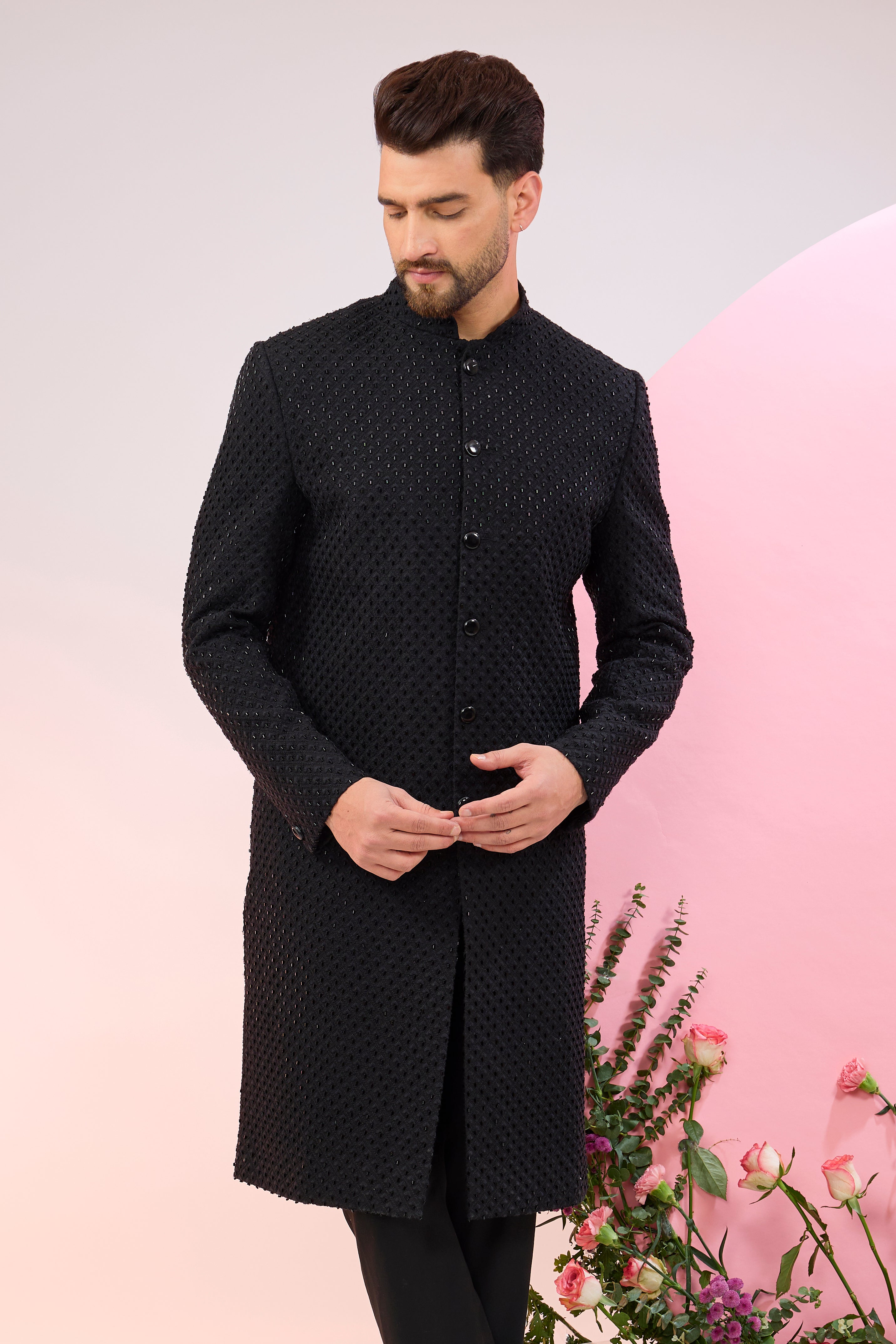 Classic black sherwani with deatiled cut dana