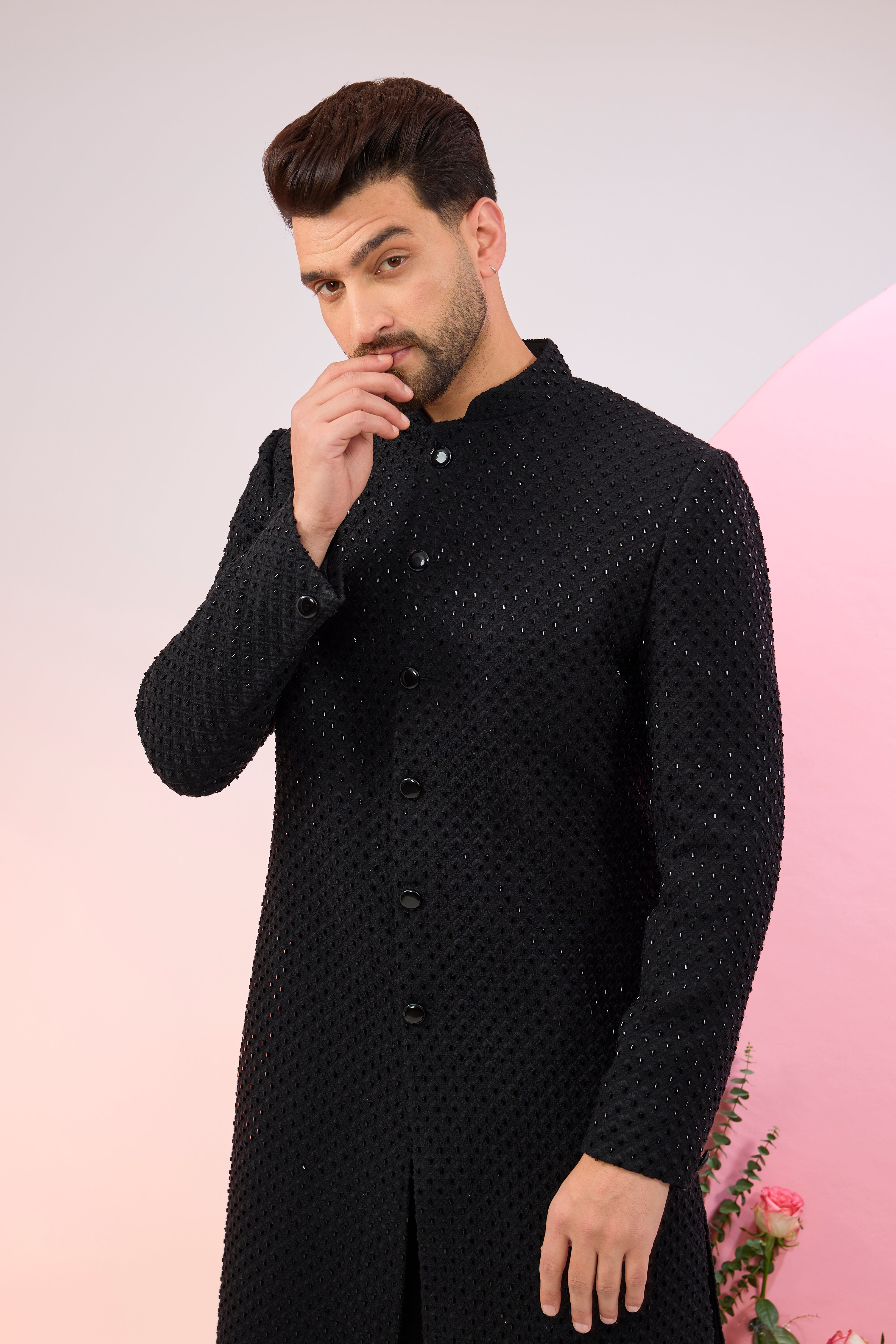 Classic black sherwani with deatiled cut dana