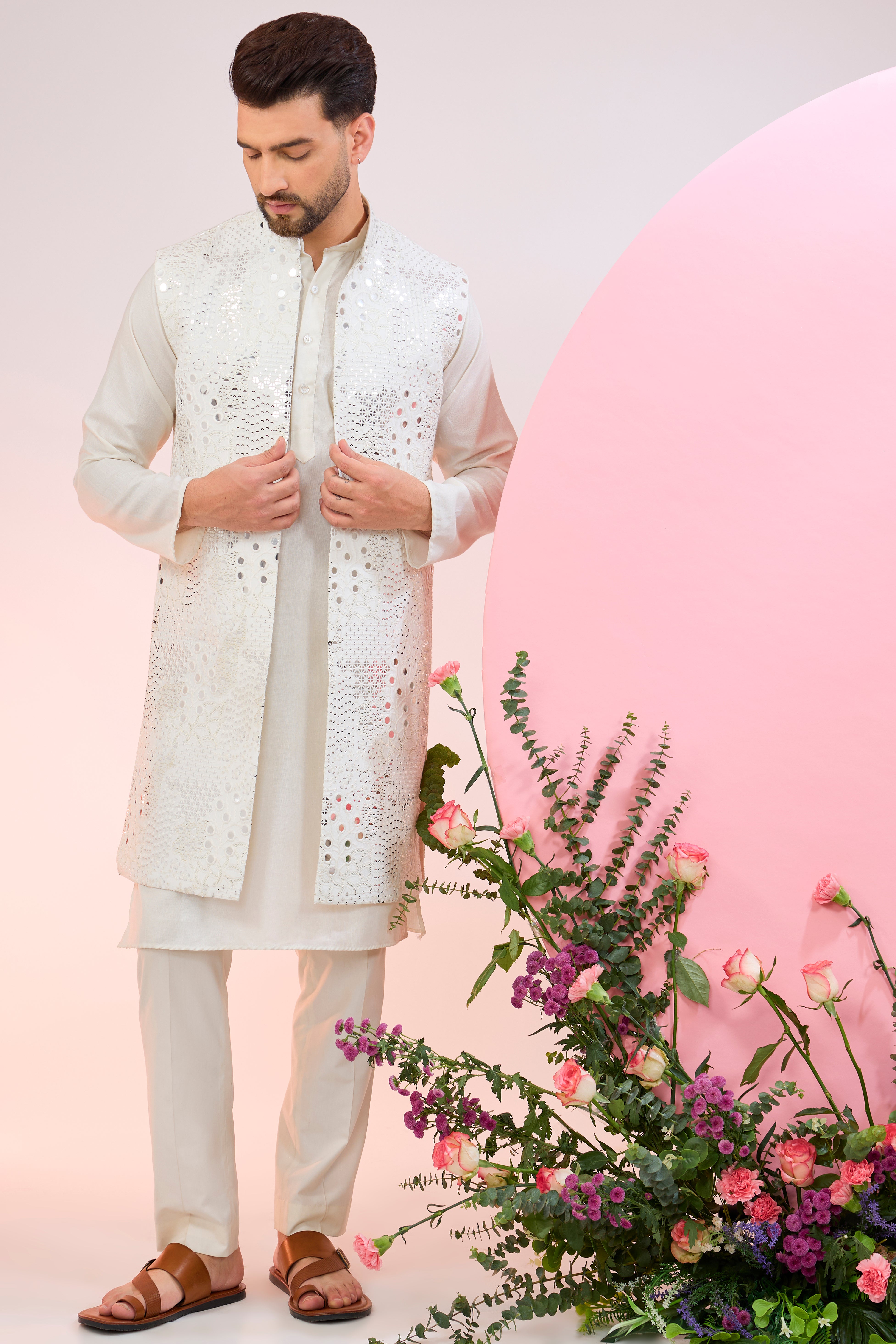 white short nehru jacket with detailed mirror work