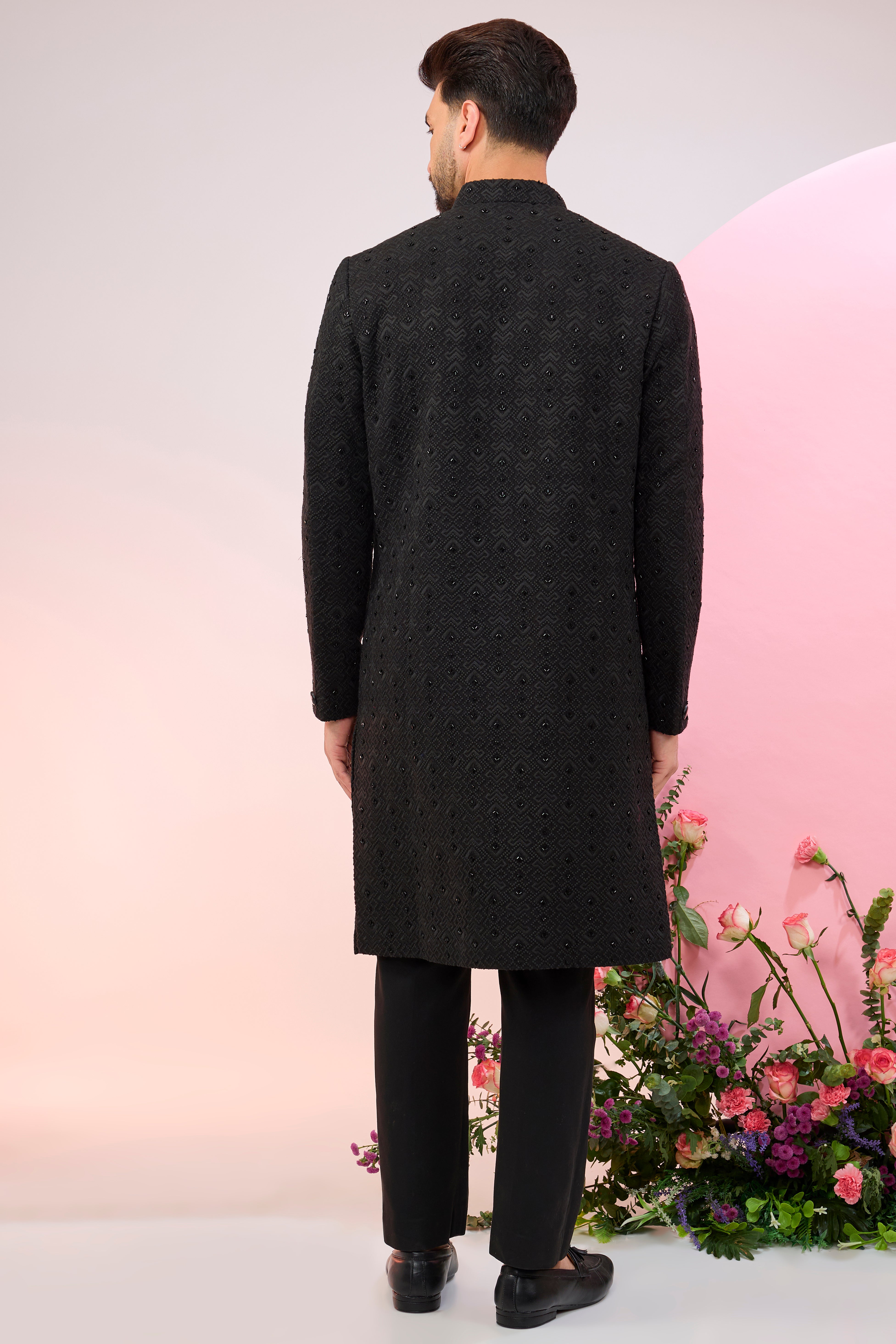 Black geometrically embroidered sherwani with delicate cut-dana work