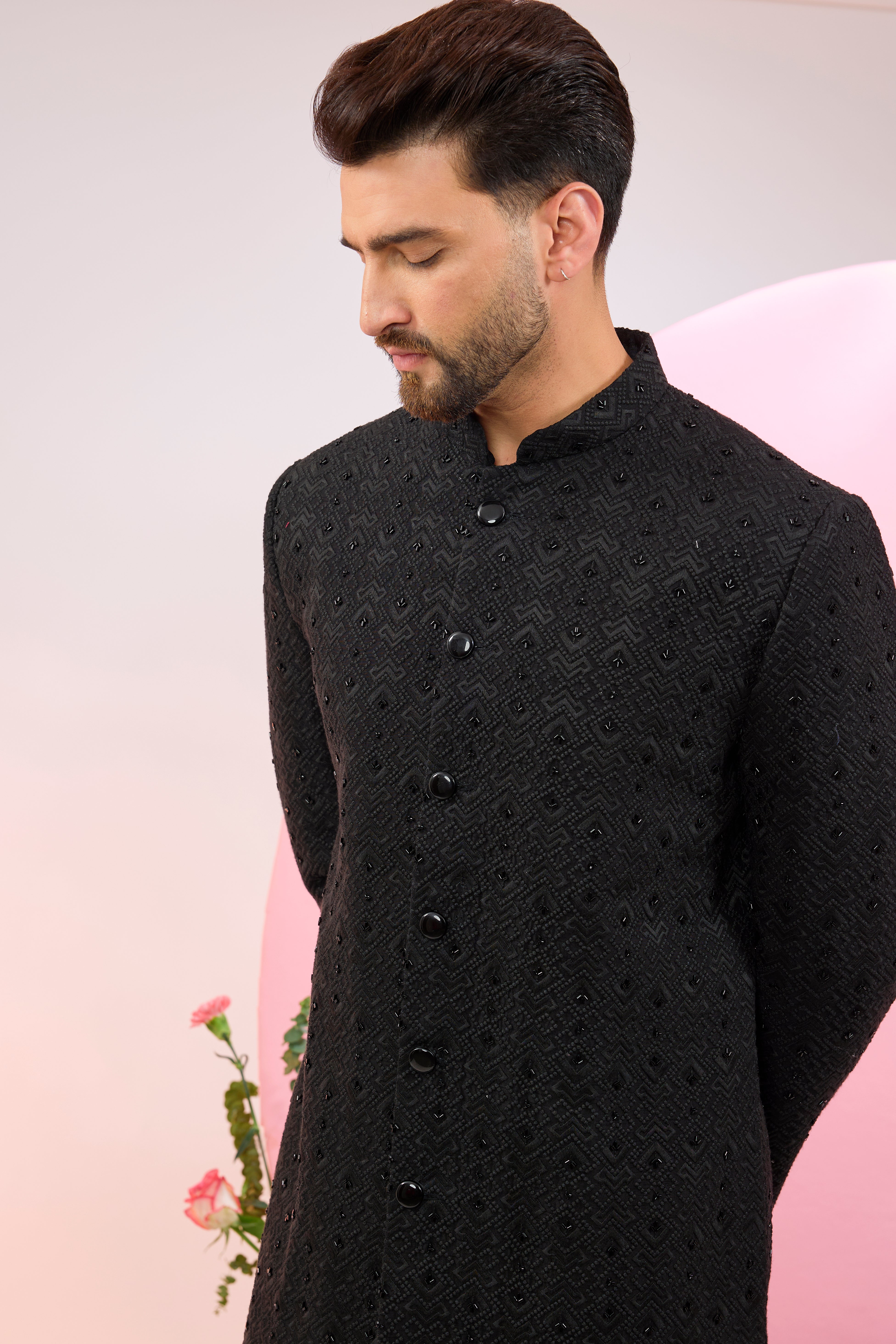 Black geometrically embroidered sherwani with delicate cut-dana work