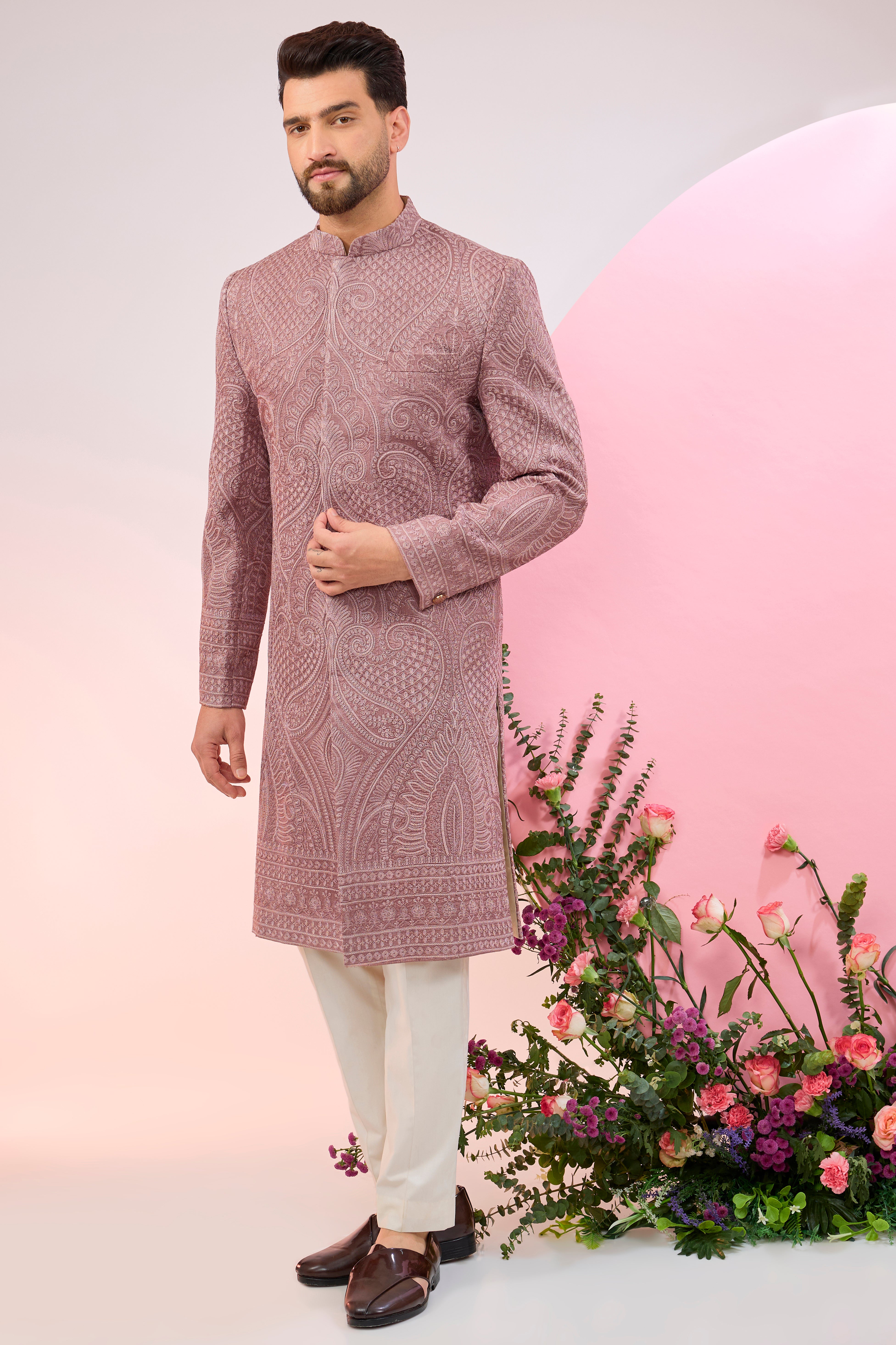 mauve taupe kashmiri embroideried sherwani with intricate aari work