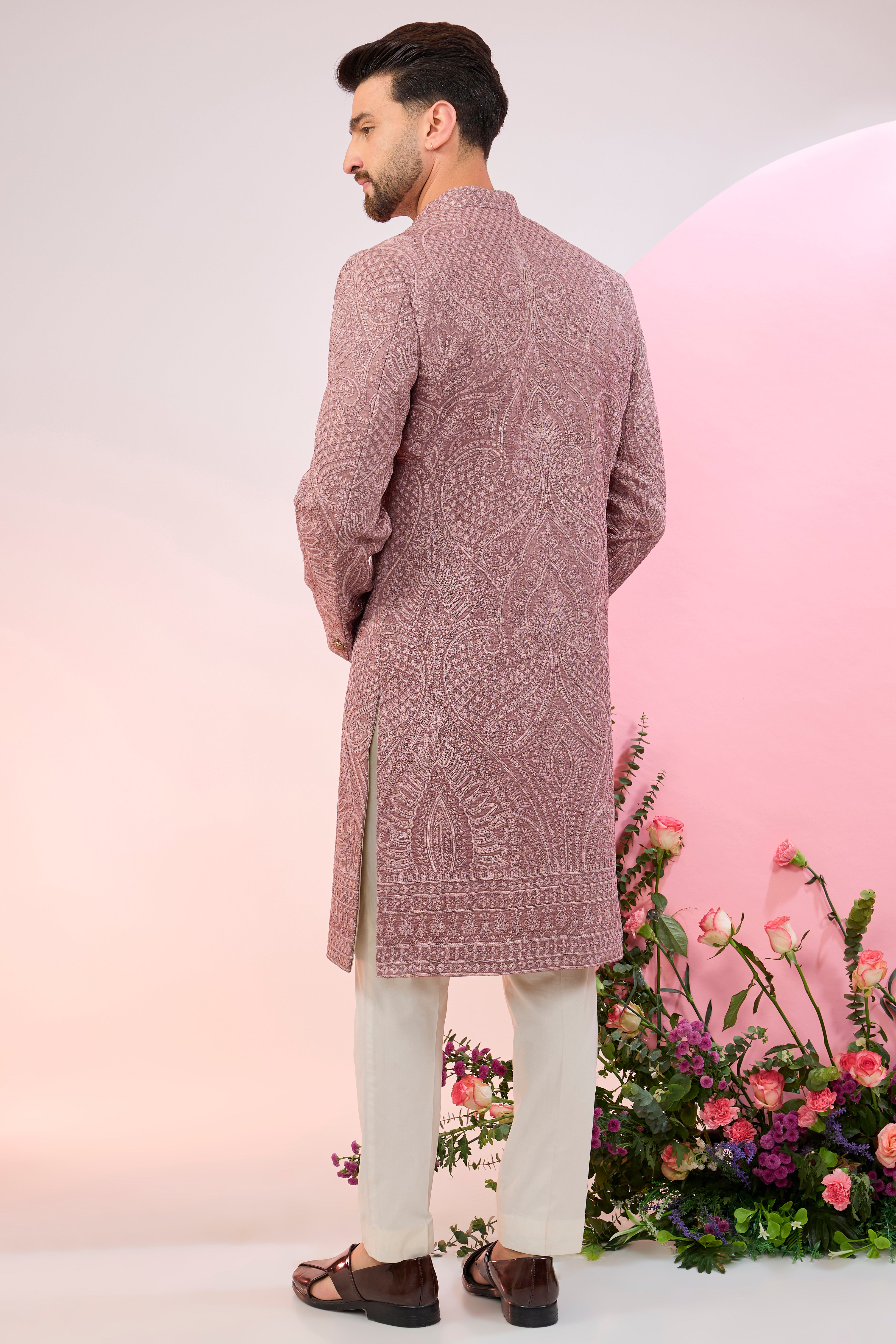 mauve taupe kashmiri embroideried sherwani with intricate aari work