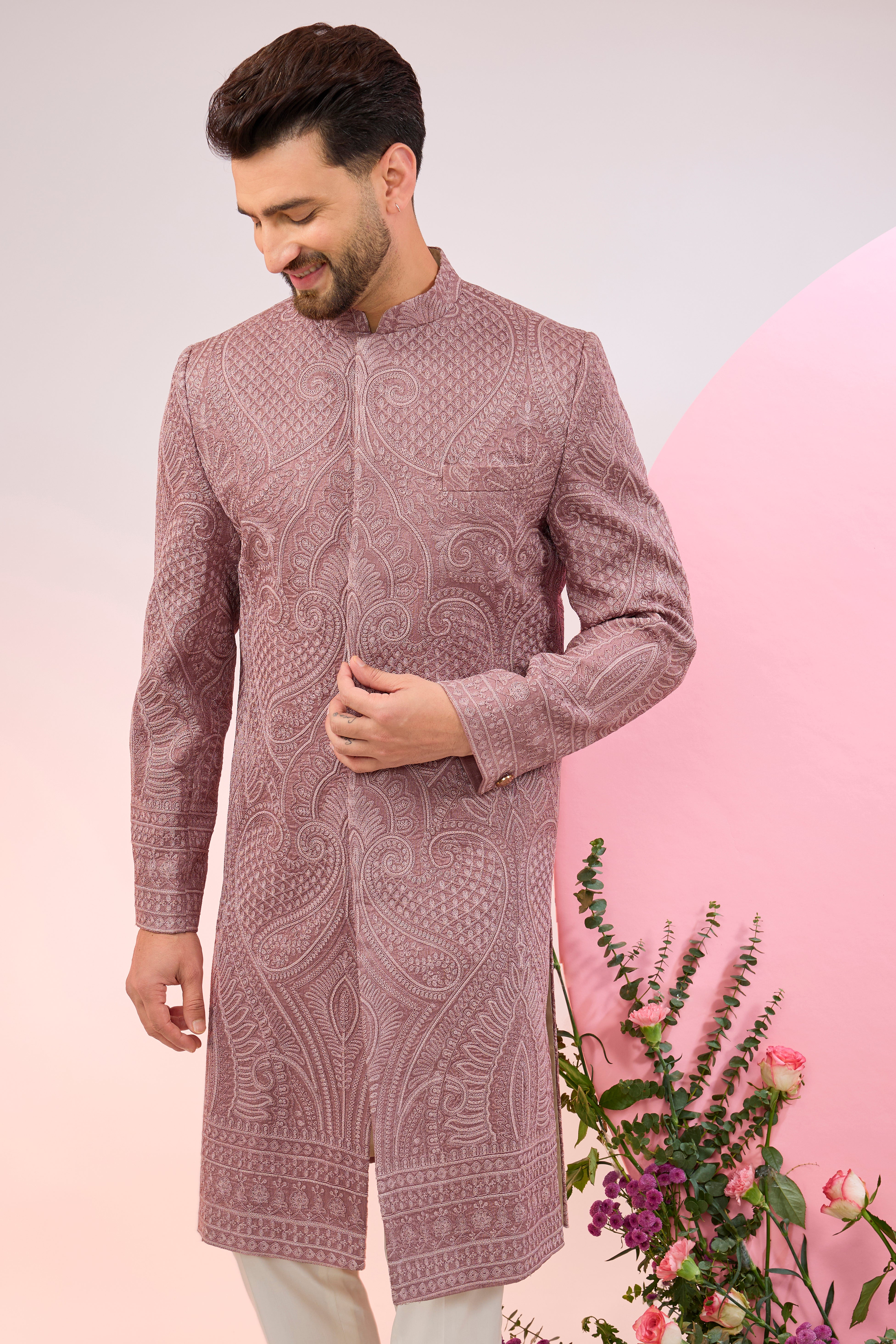 mauve taupe kashmiri embroideried sherwani with intricate aari work