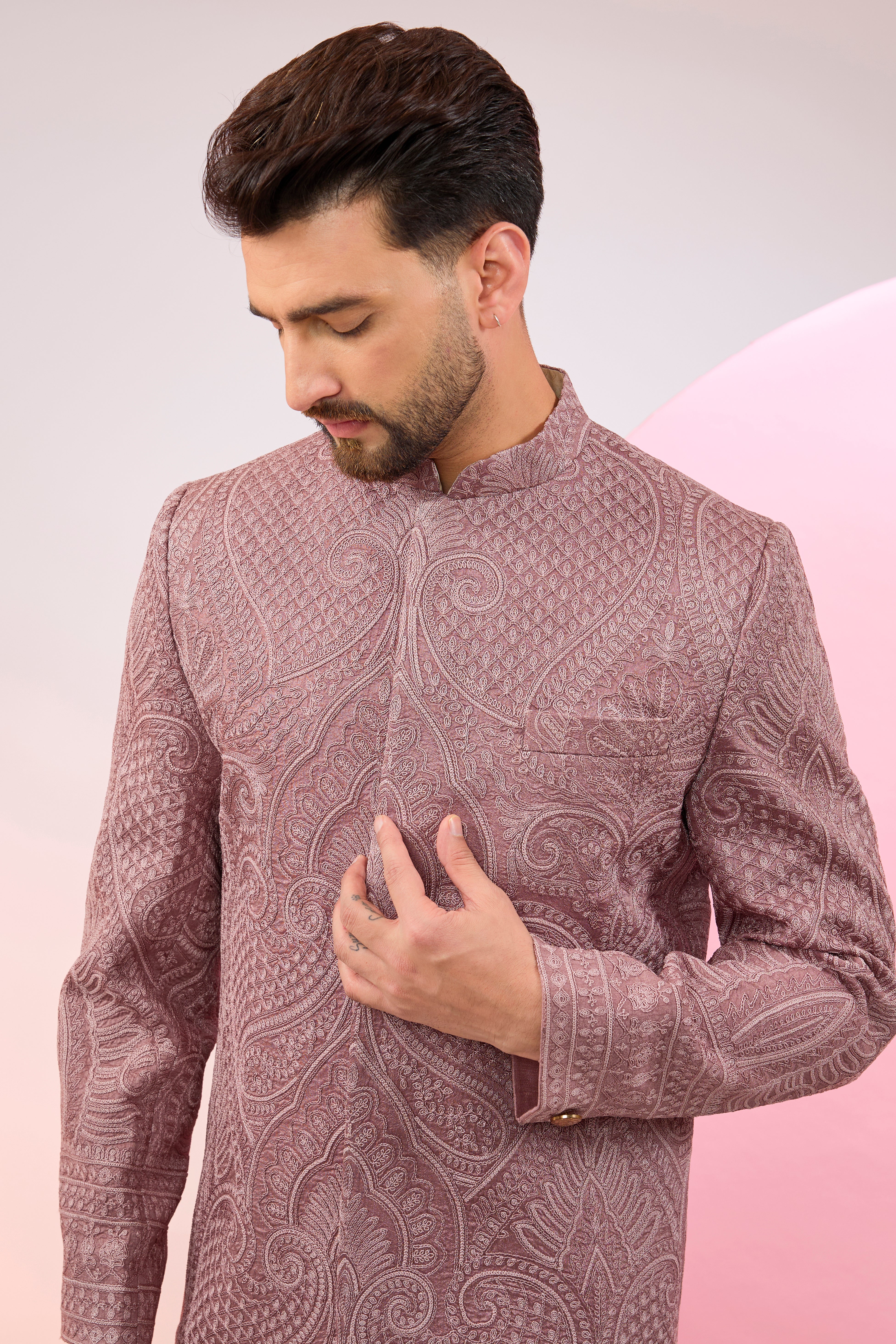 mauve taupe kashmiri embroideried sherwani with intricate aari work