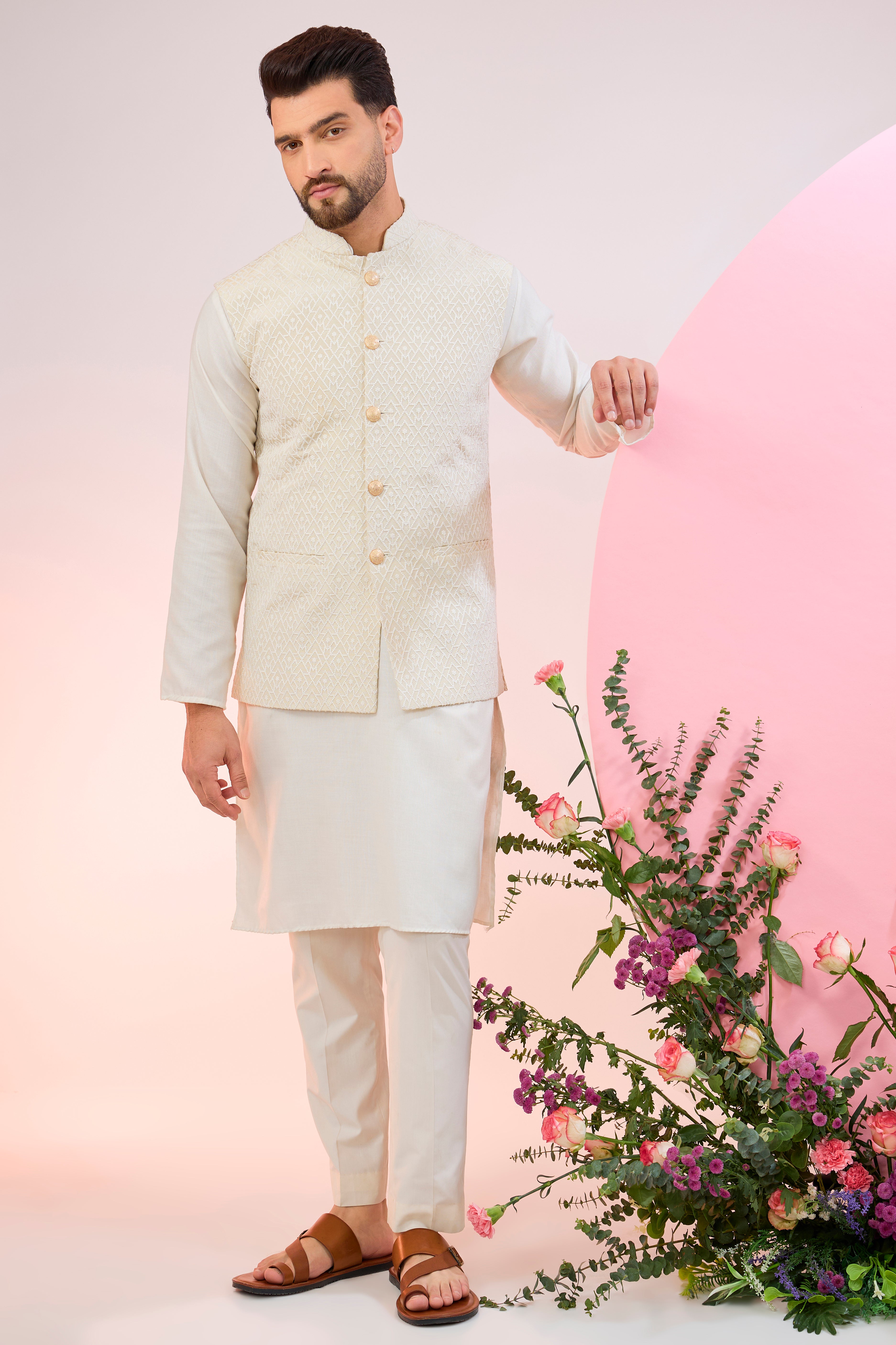 cream geometrically embroidered short nehru jacket