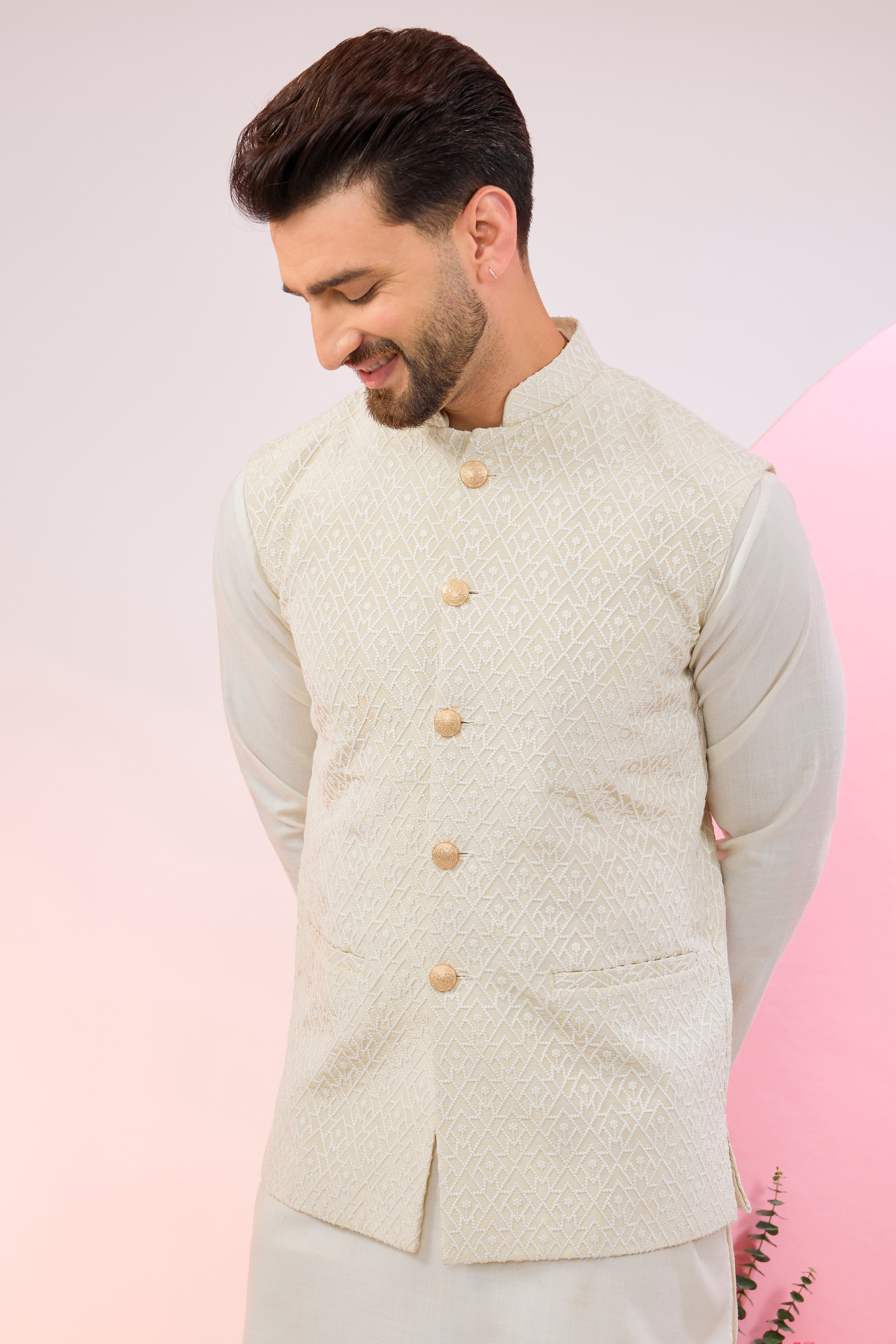 cream geometrically embroidered short nehru jacket