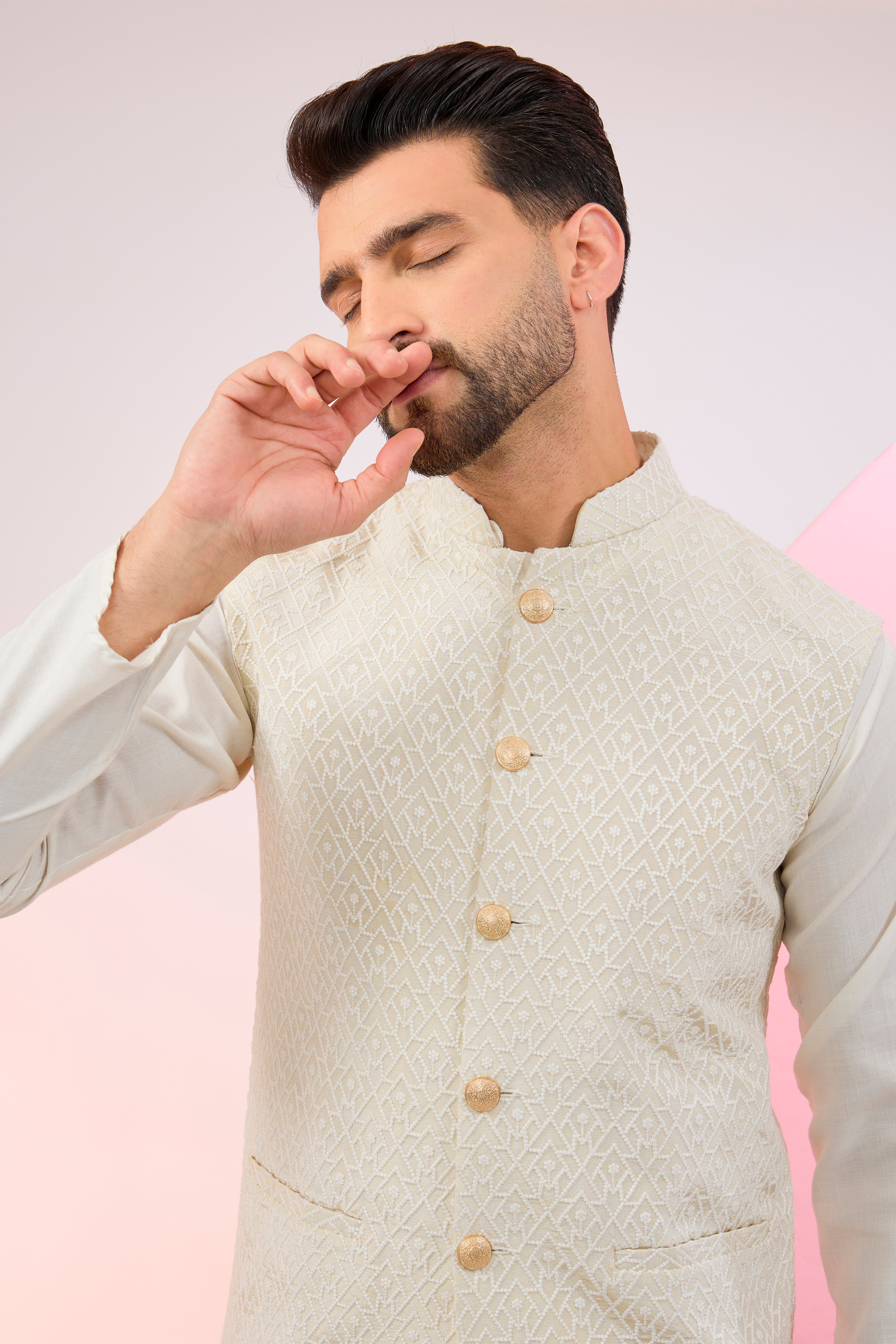 cream geometrically embroidered short nehru jacket