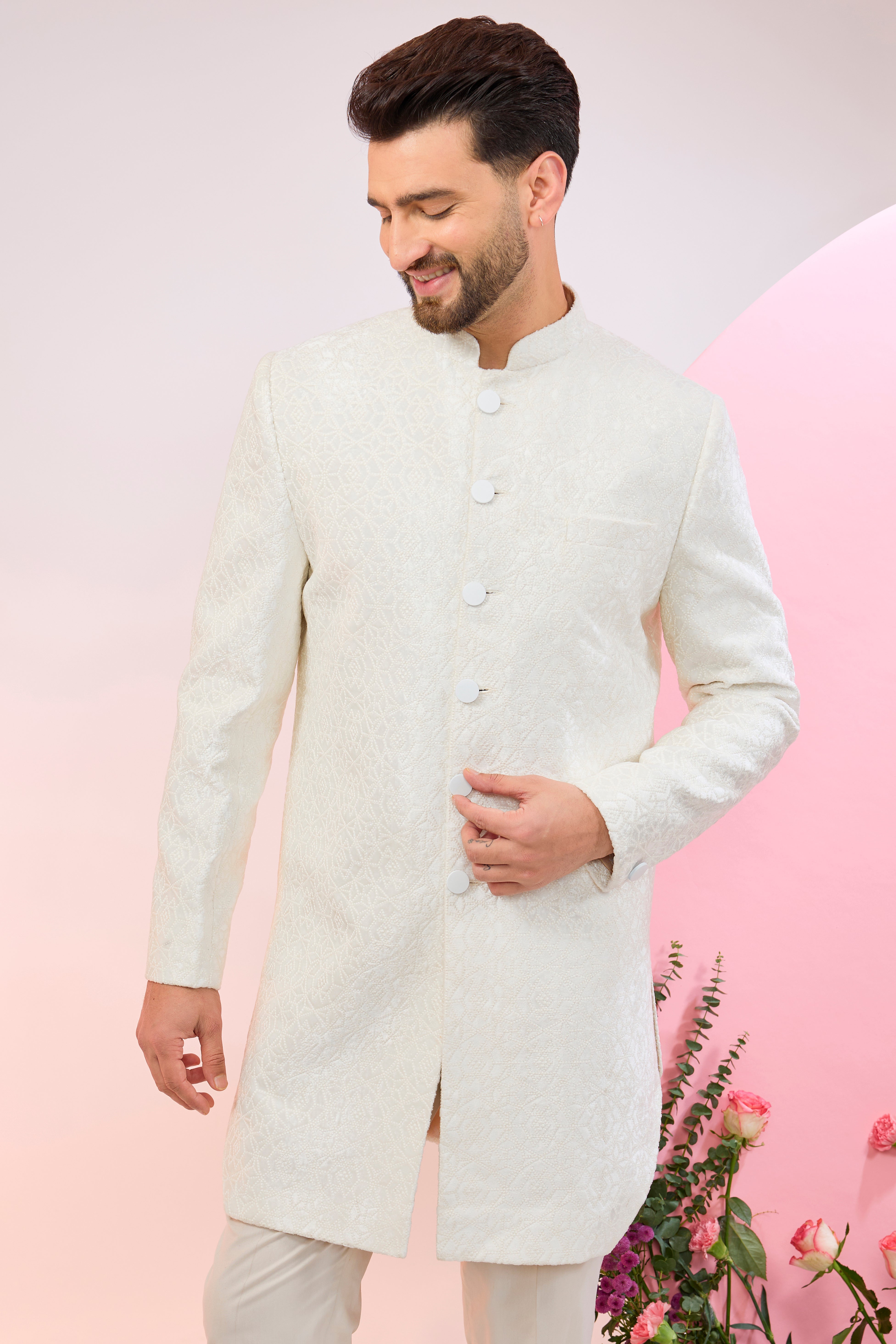 white geomtrically embroidered royal cut indowestern with heavy thread work