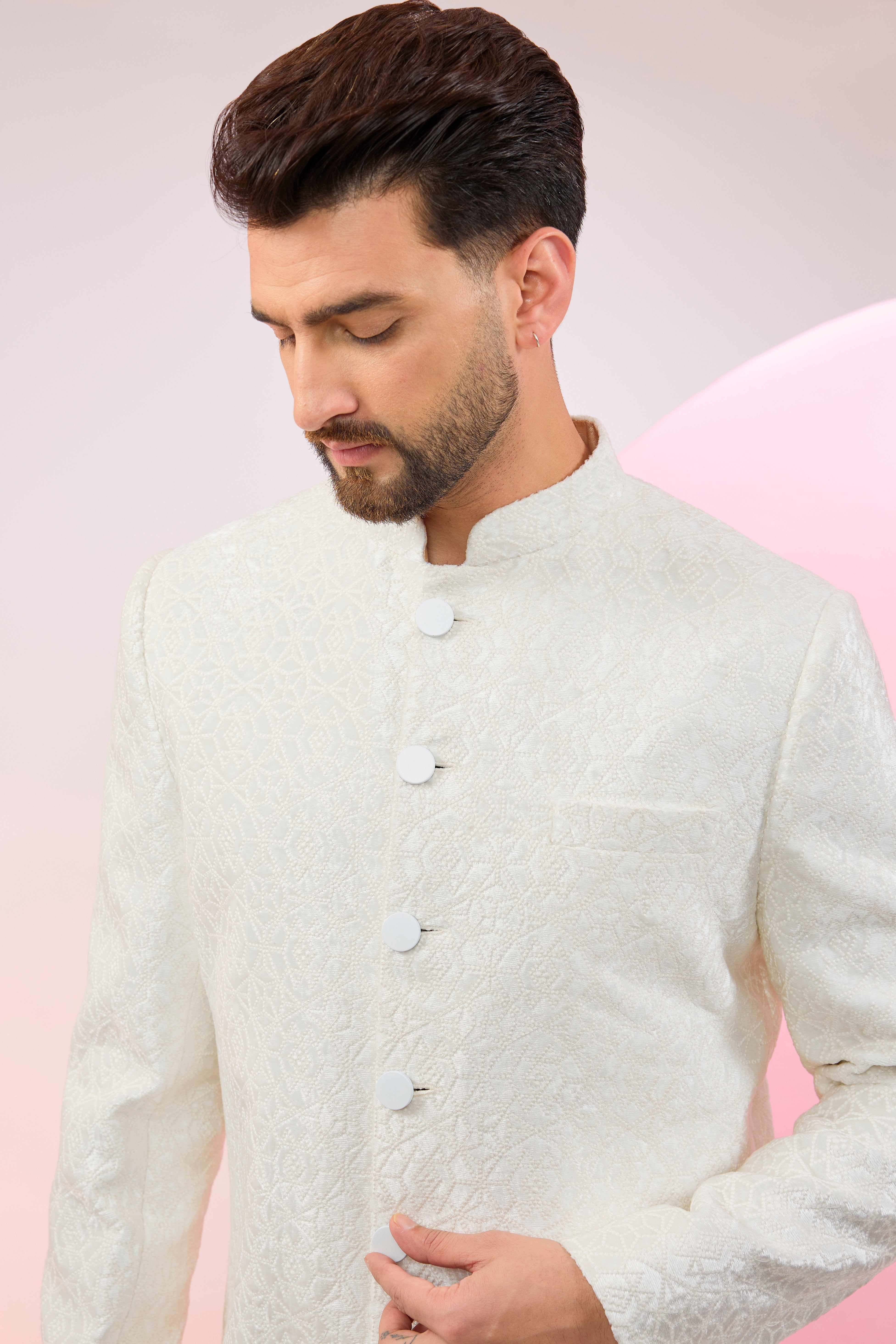 white geomtrically embroidered royal cut indowestern with heavy thread work