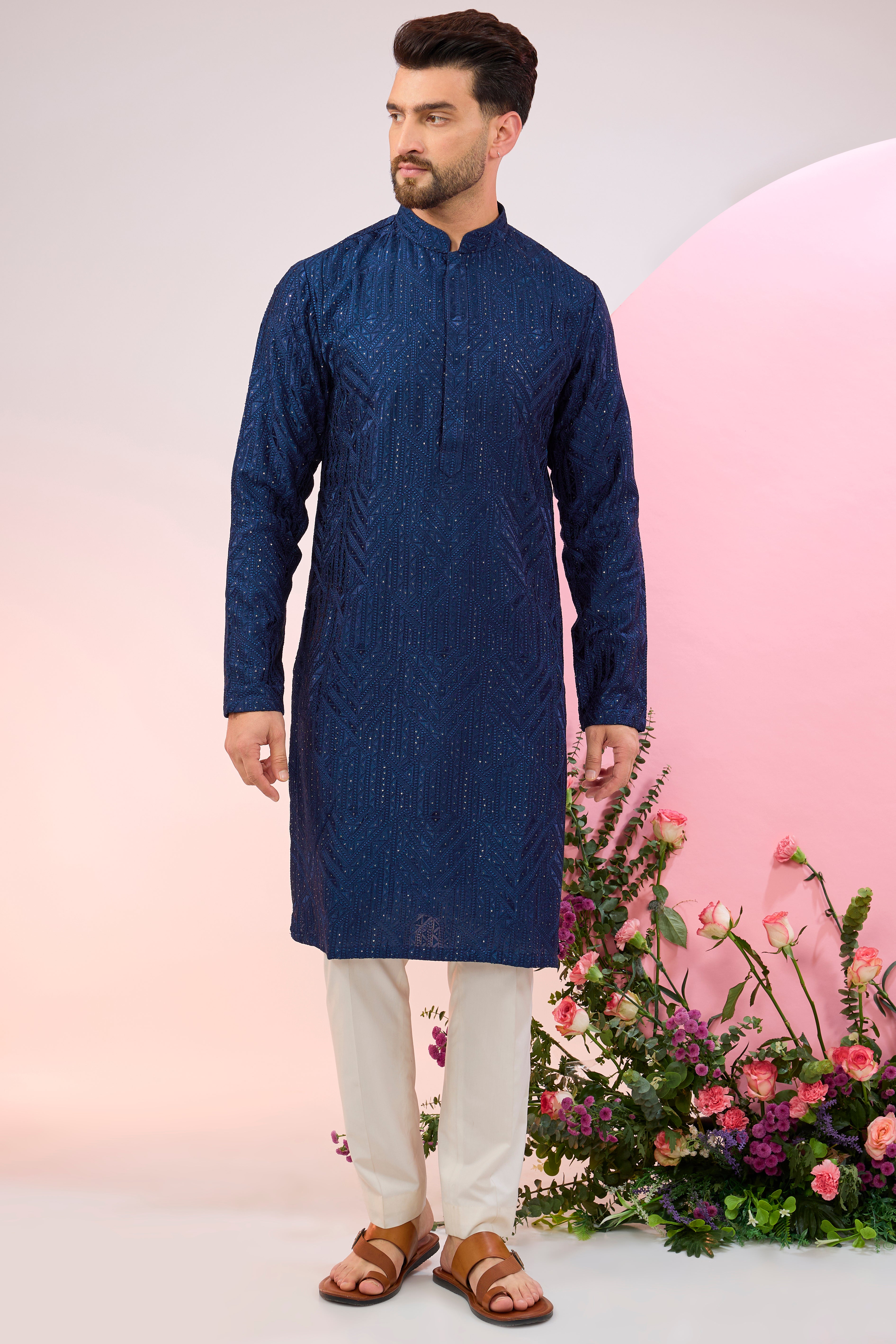 Bright navy blue geometrically embroidered kurta