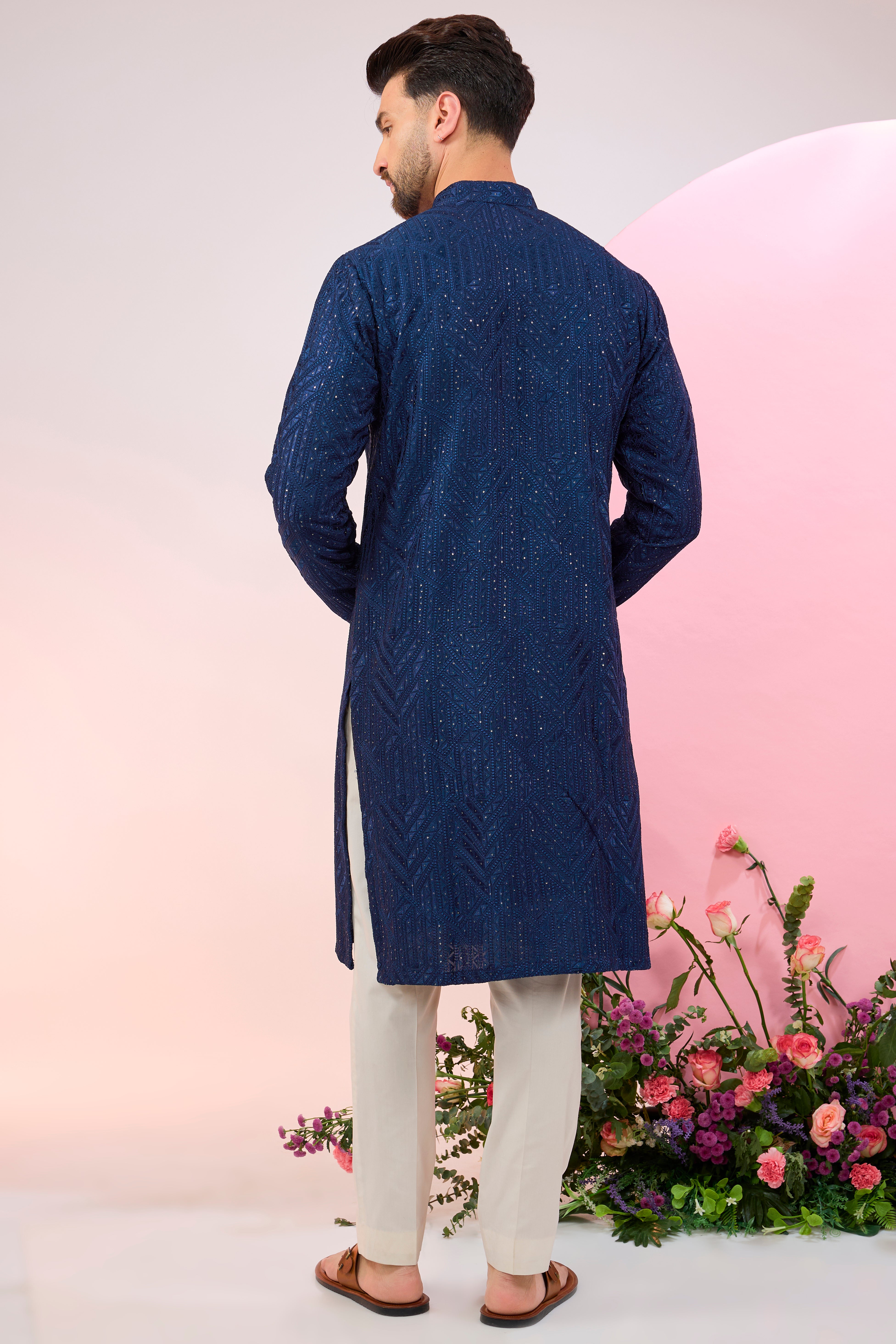 Bright navy blue geometrically embroidered kurta