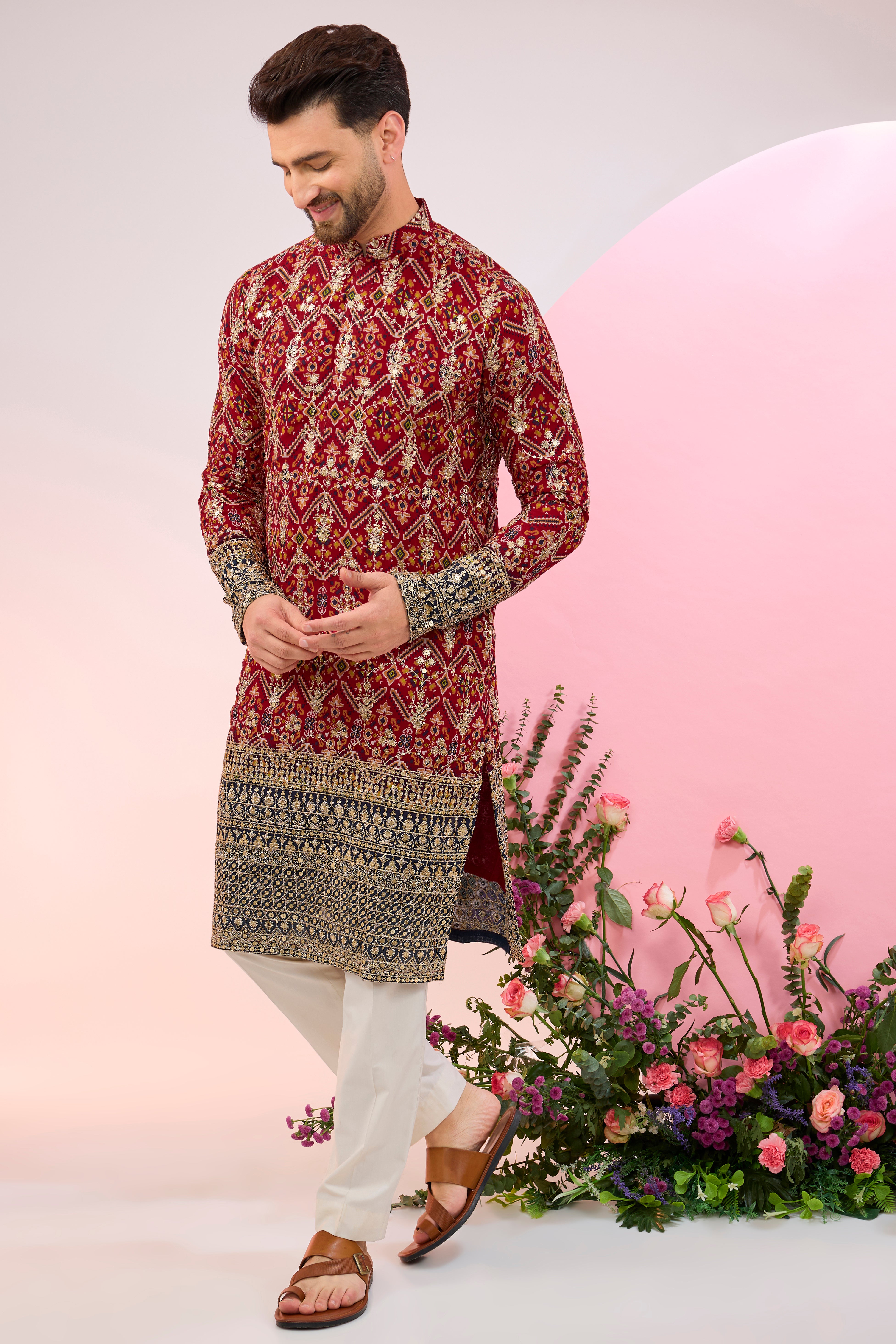 Red-multi colored bandhni kurta.