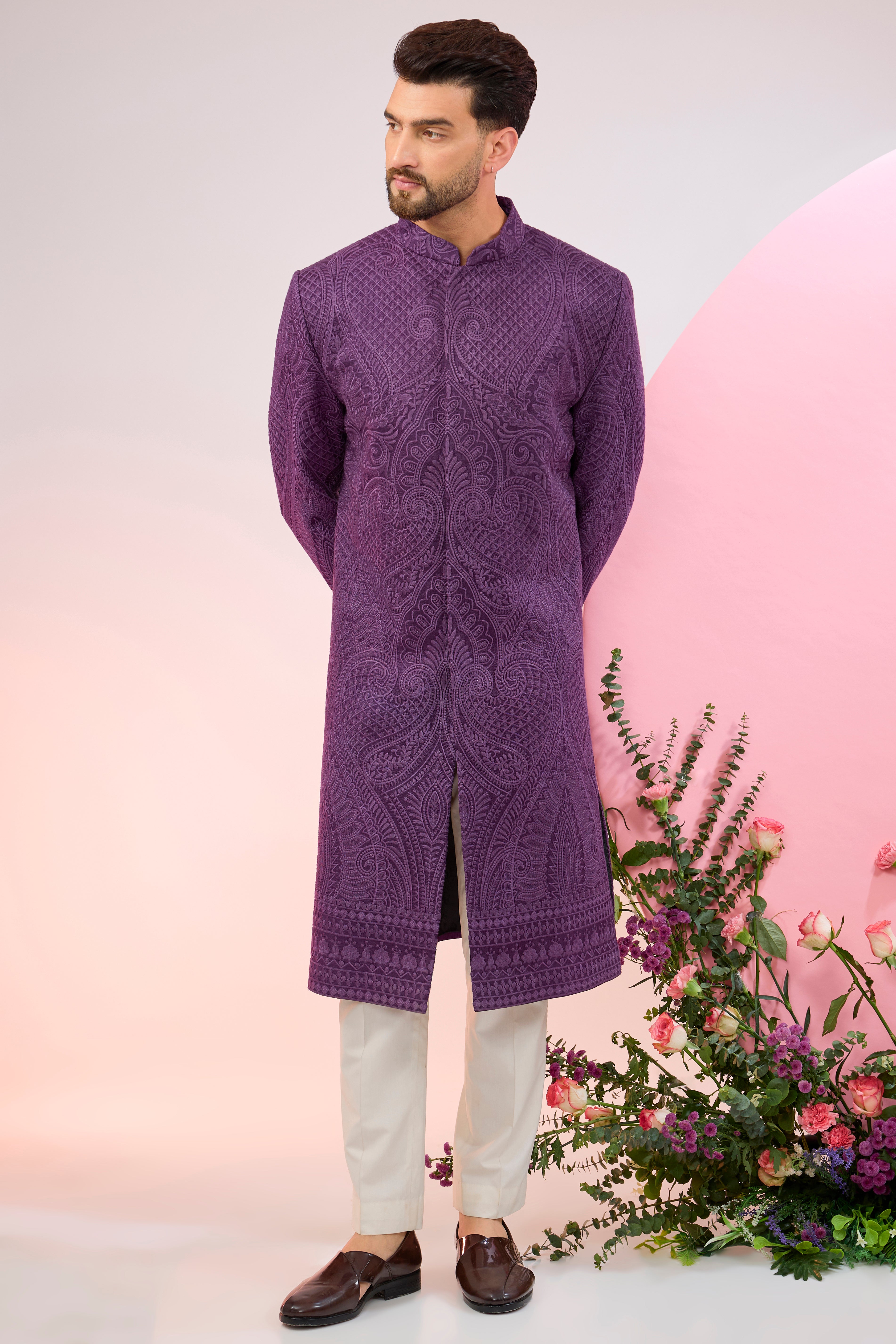 Purple kashmiri embroideried sherwani with intricate thread work