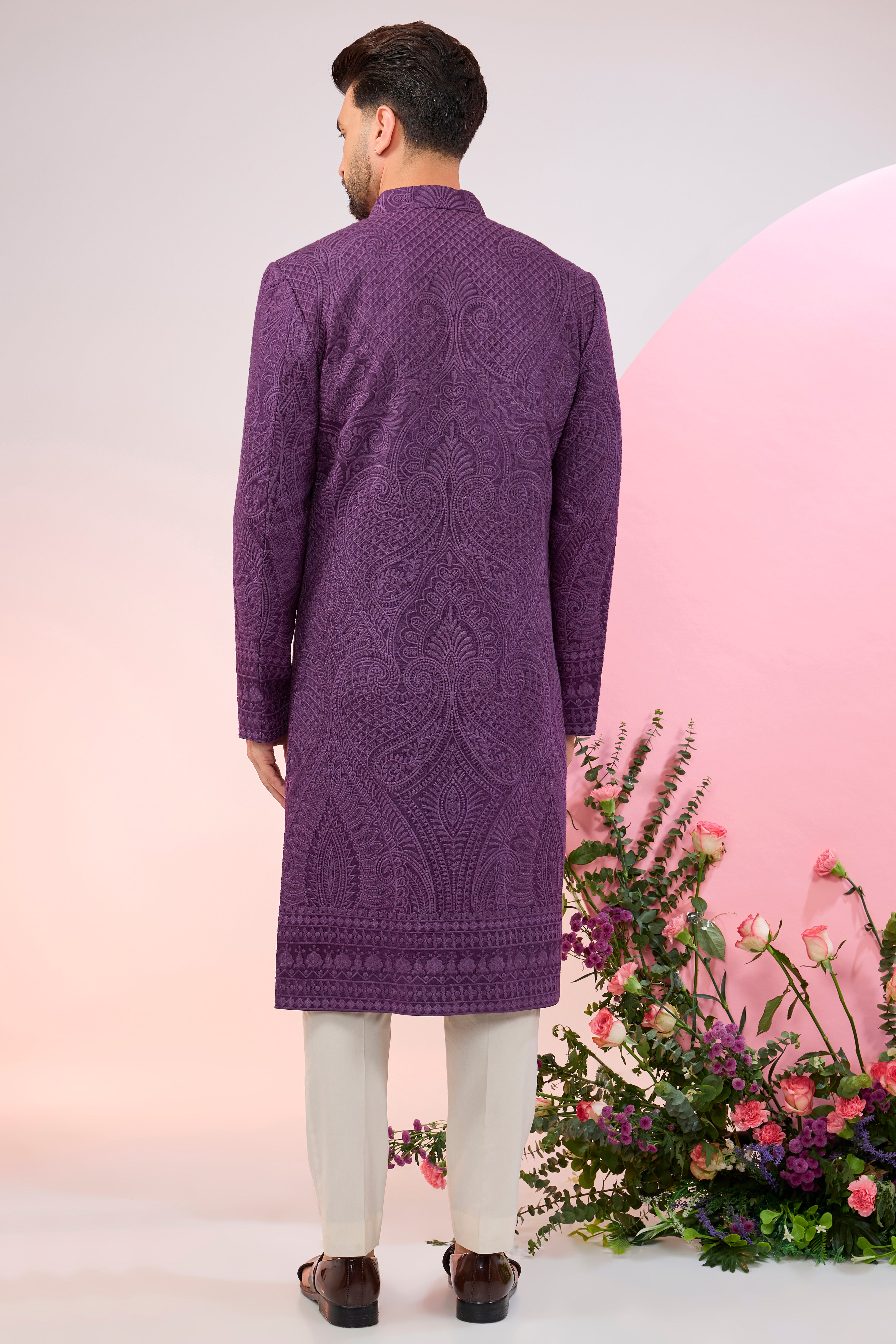 Purple kashmiri embroideried sherwani with intricate thread work