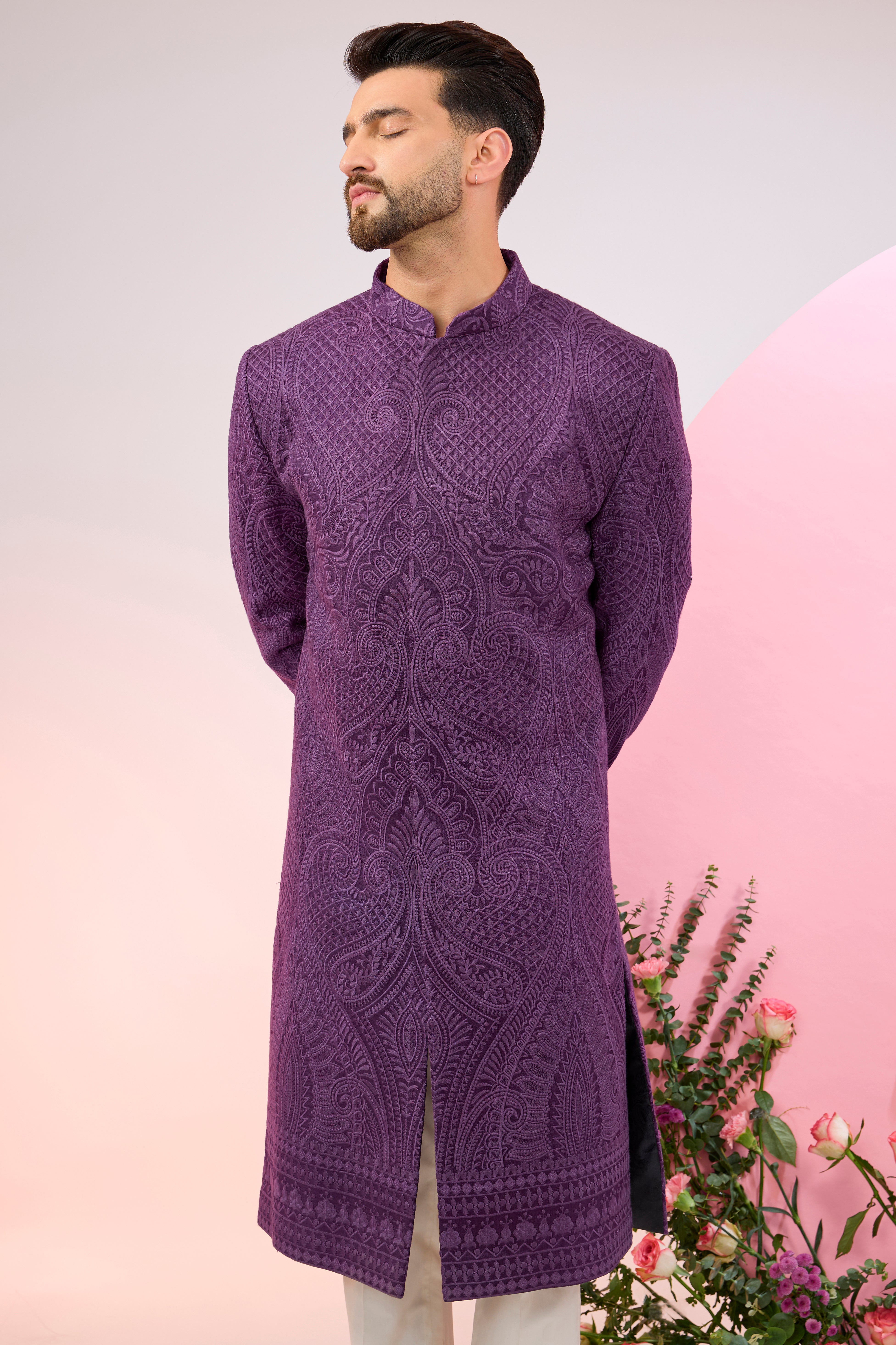 Purple kashmiri embroideried sherwani with intricate thread work