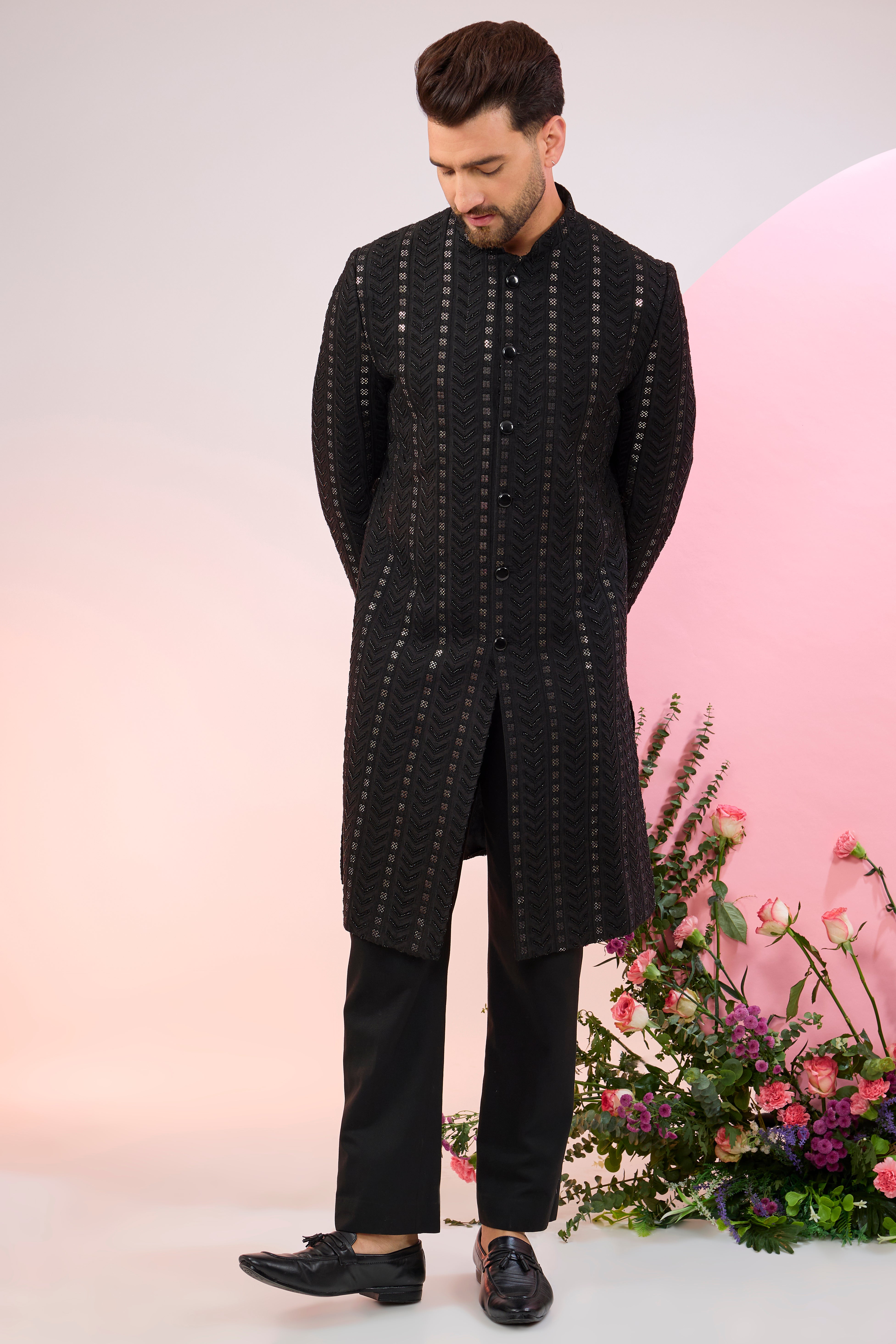 Black geometrically embroidered sherwani with delicate cut-dana and sequin work