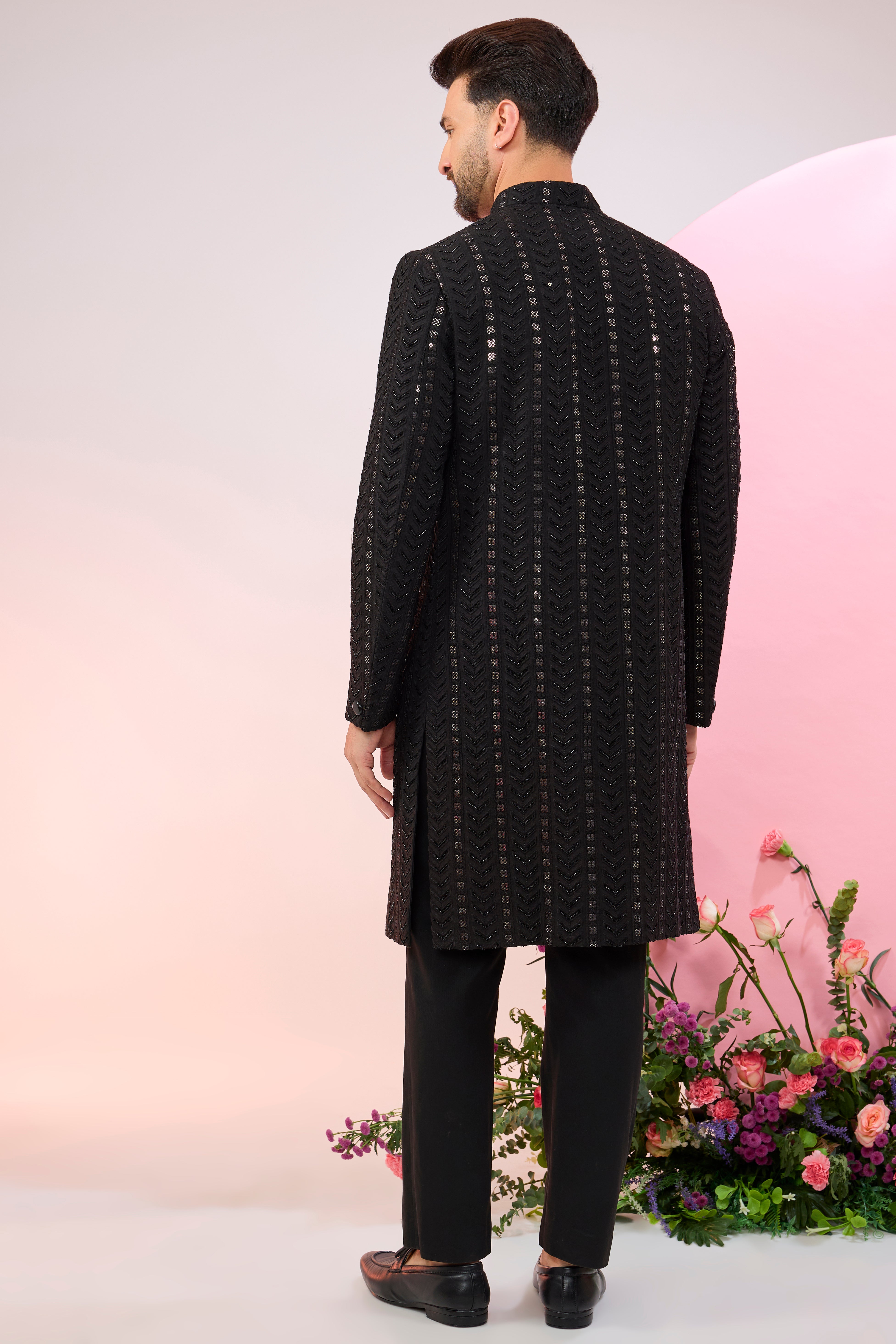 Black geometrically embroidered sherwani with delicate cut-dana and sequin work