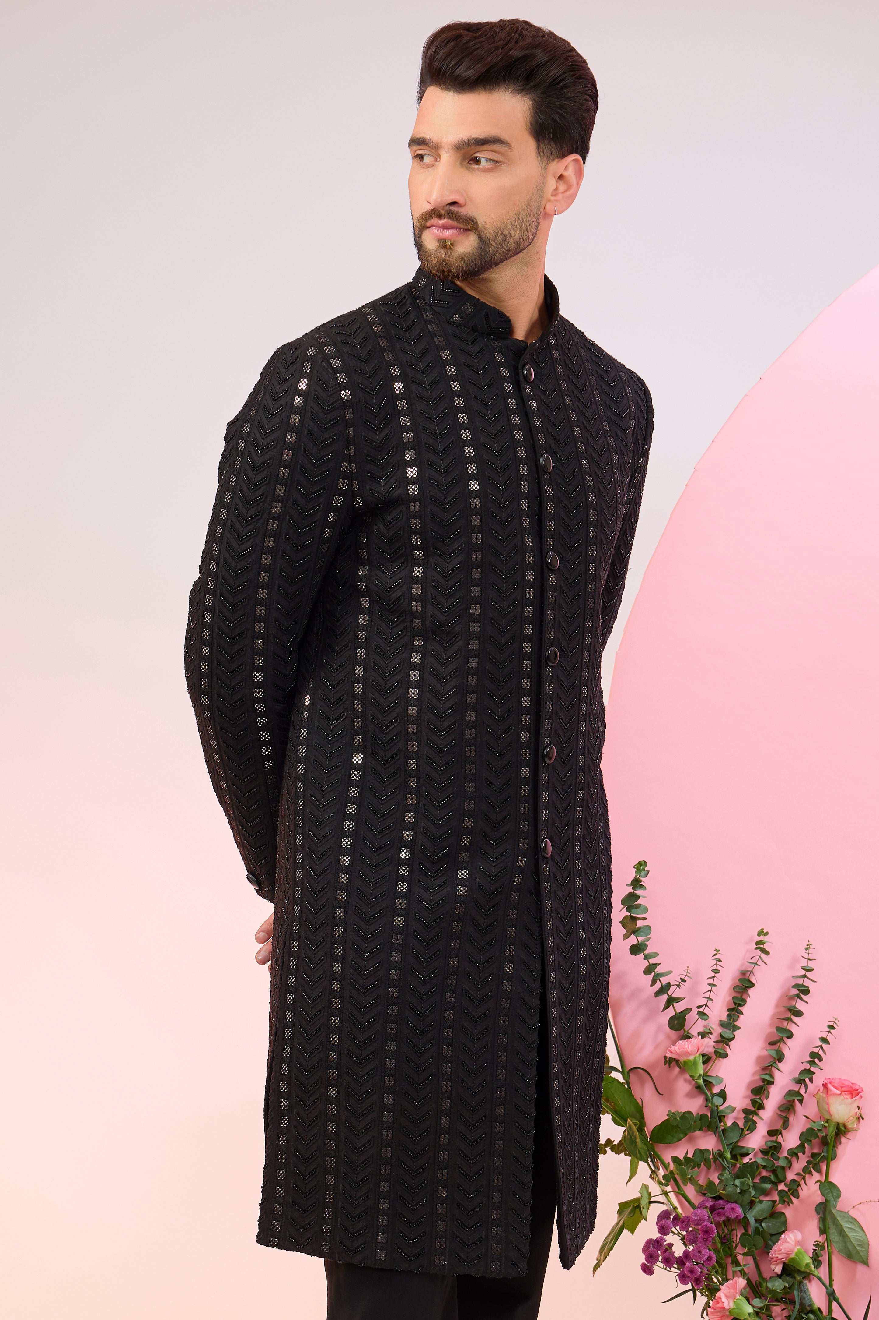 Black geometrically embroidered sherwani with delicate cut-dana and sequin work