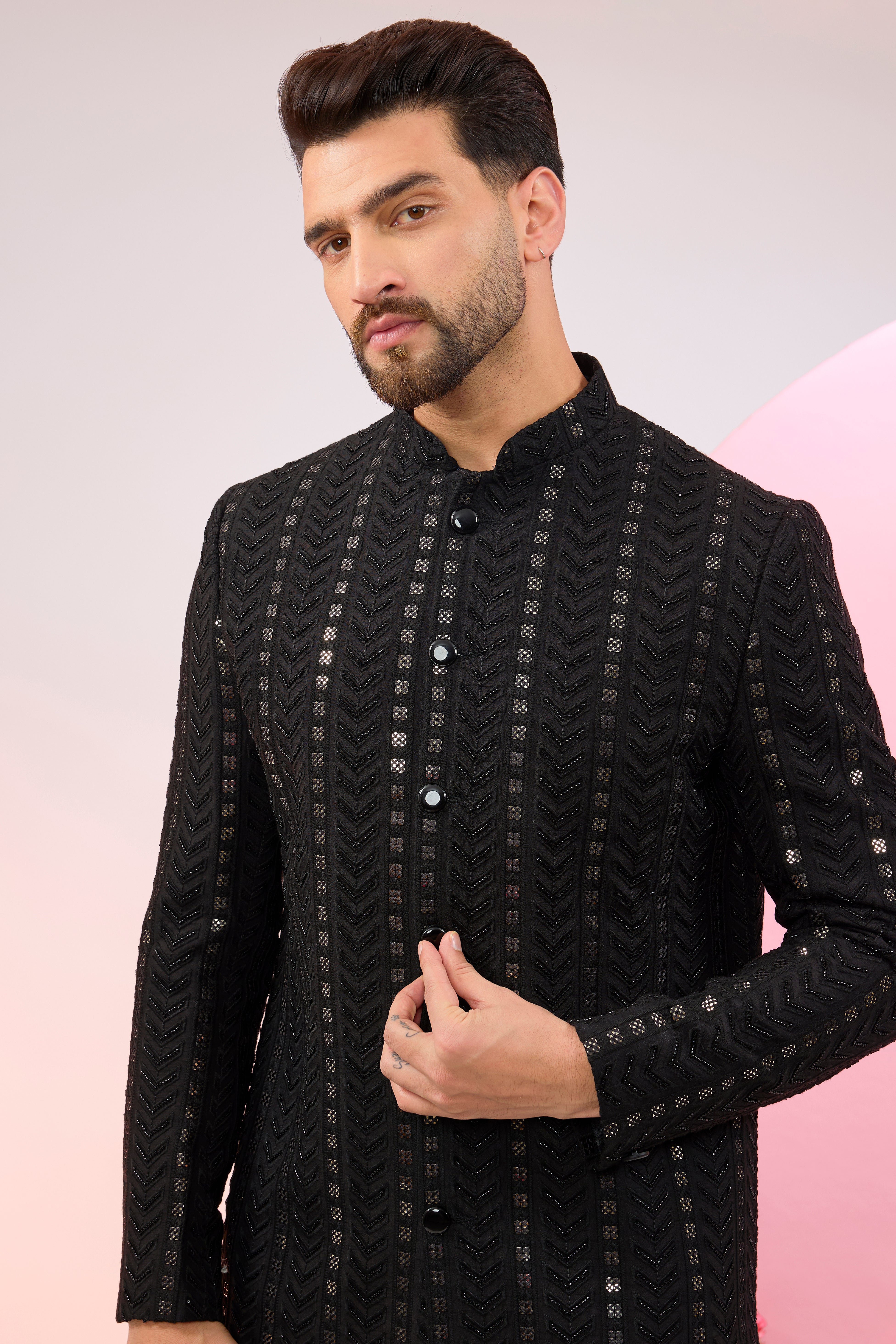 Black geometrically embroidered sherwani with delicate cut-dana and sequin work