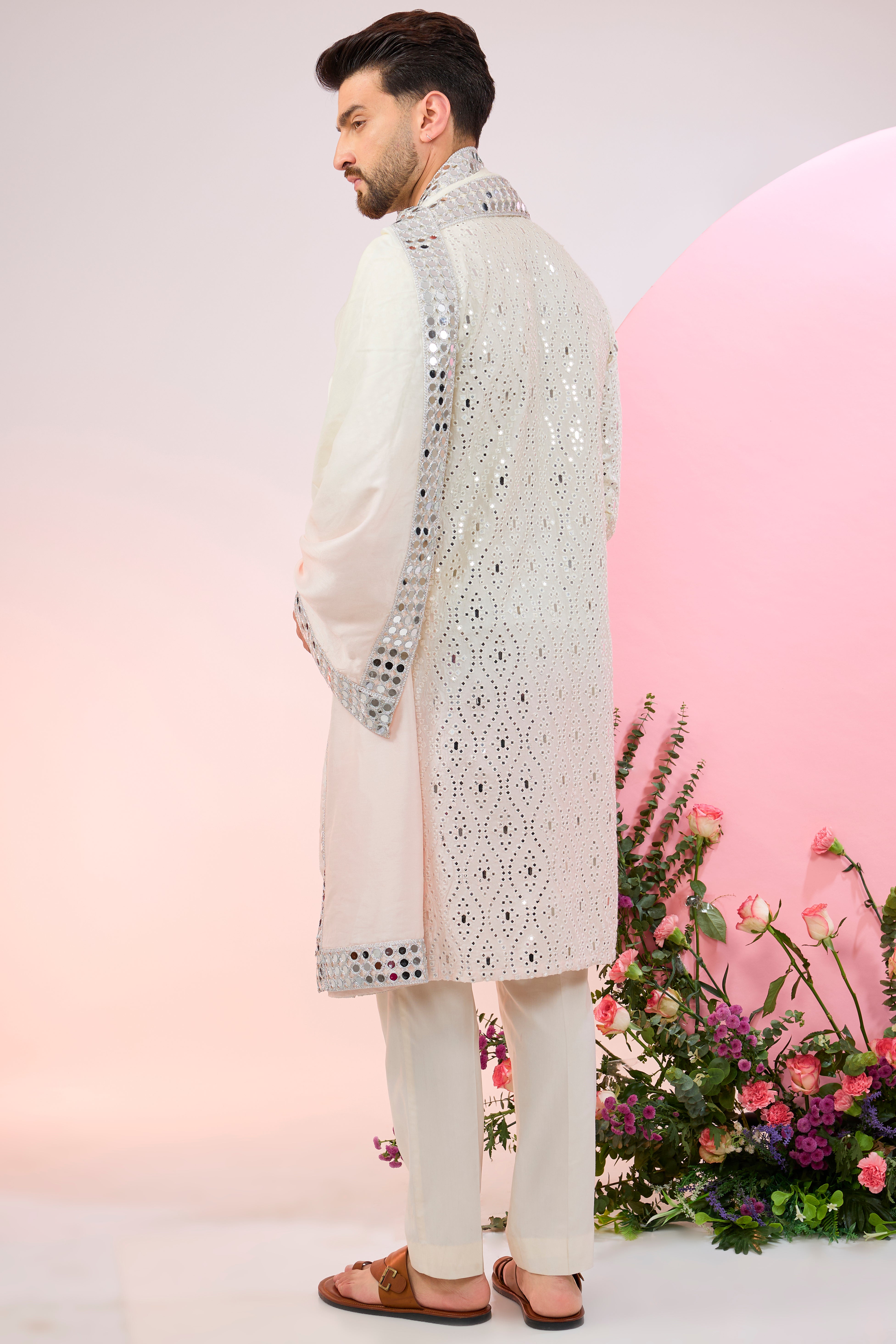 Signature ombre shaded mirror-work kurta paired with mirror-work stole.