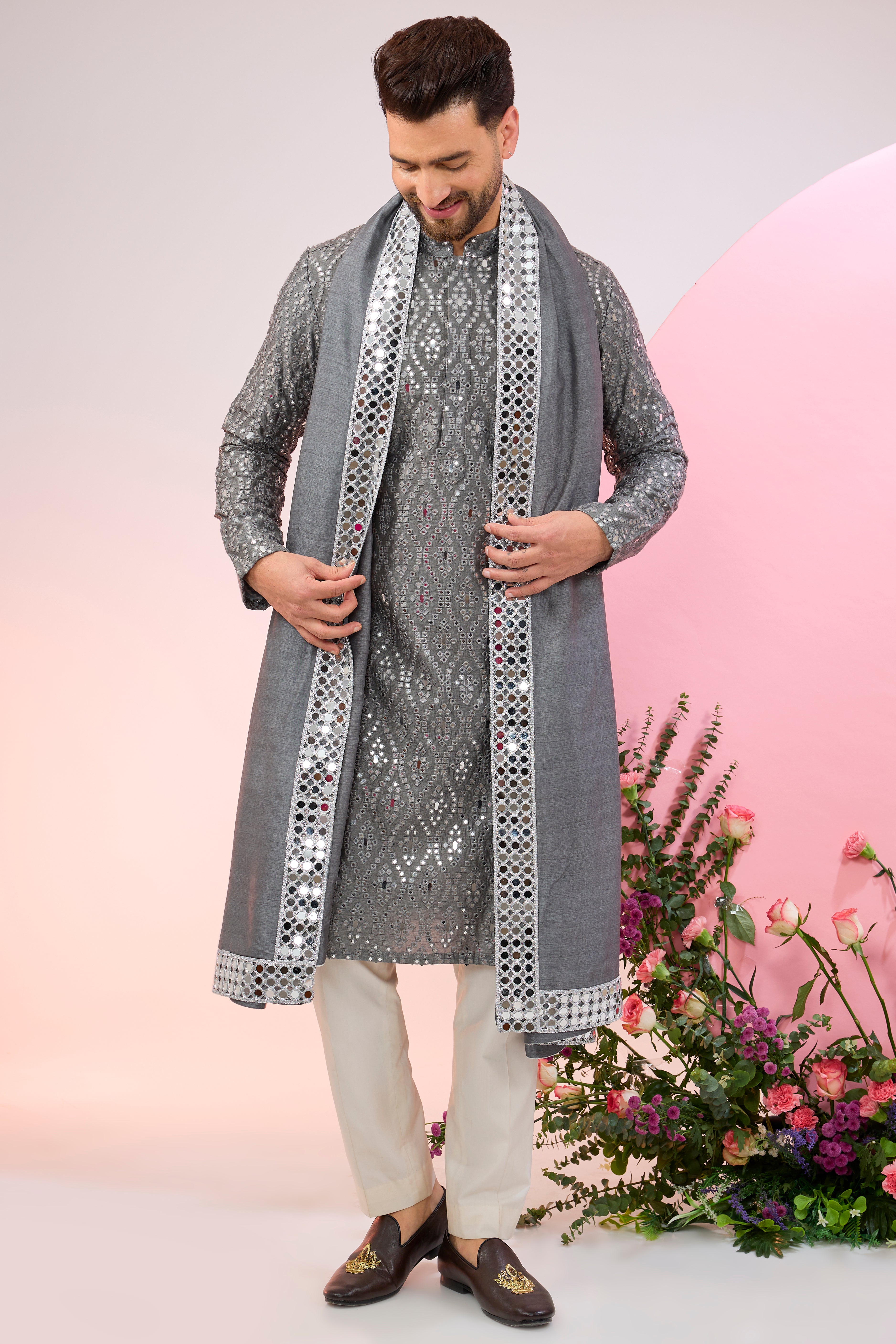 Signature slate-grey mirror-work kurta with mirror-work stole