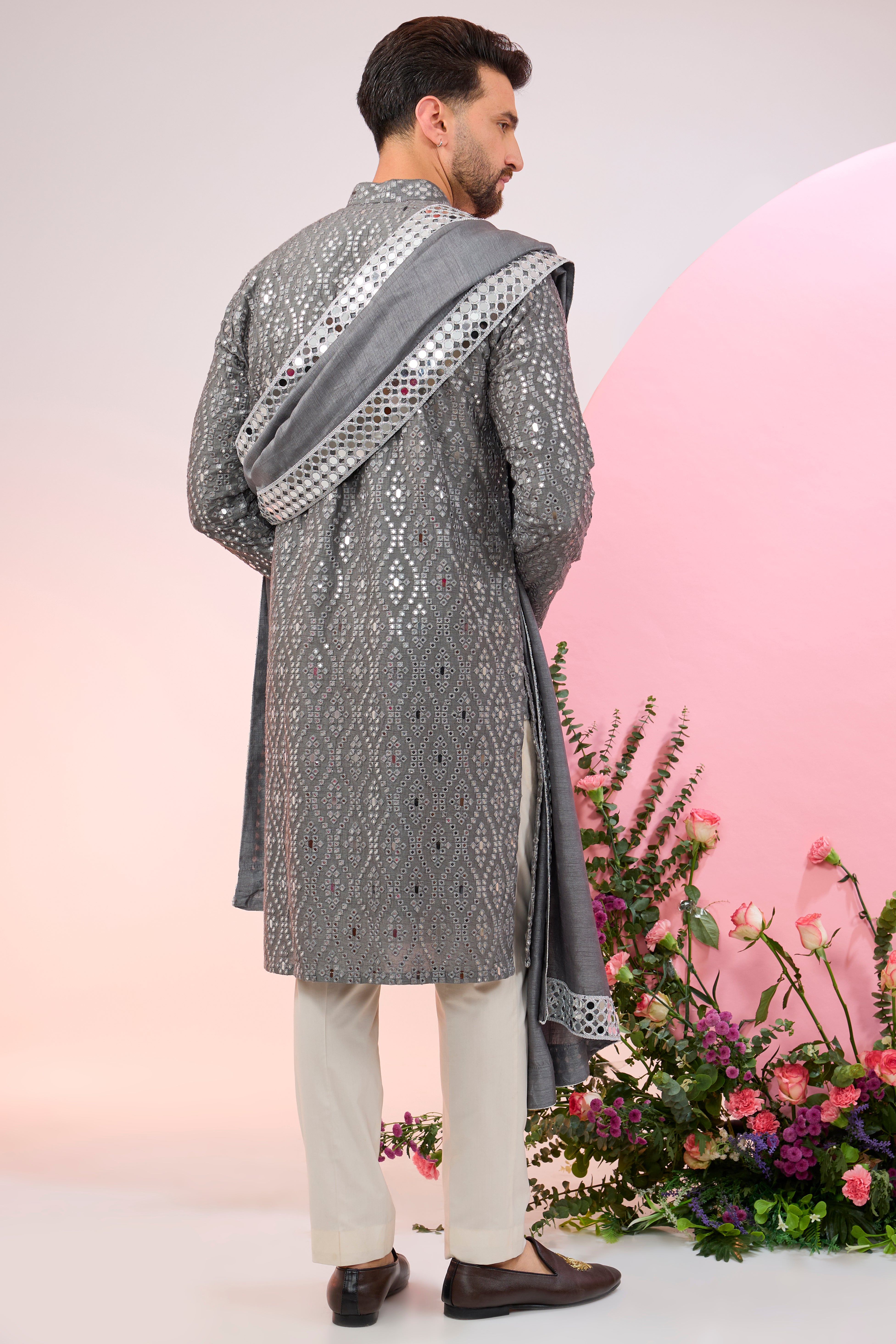 Signature slate-grey mirror-work kurta with mirror-work stole