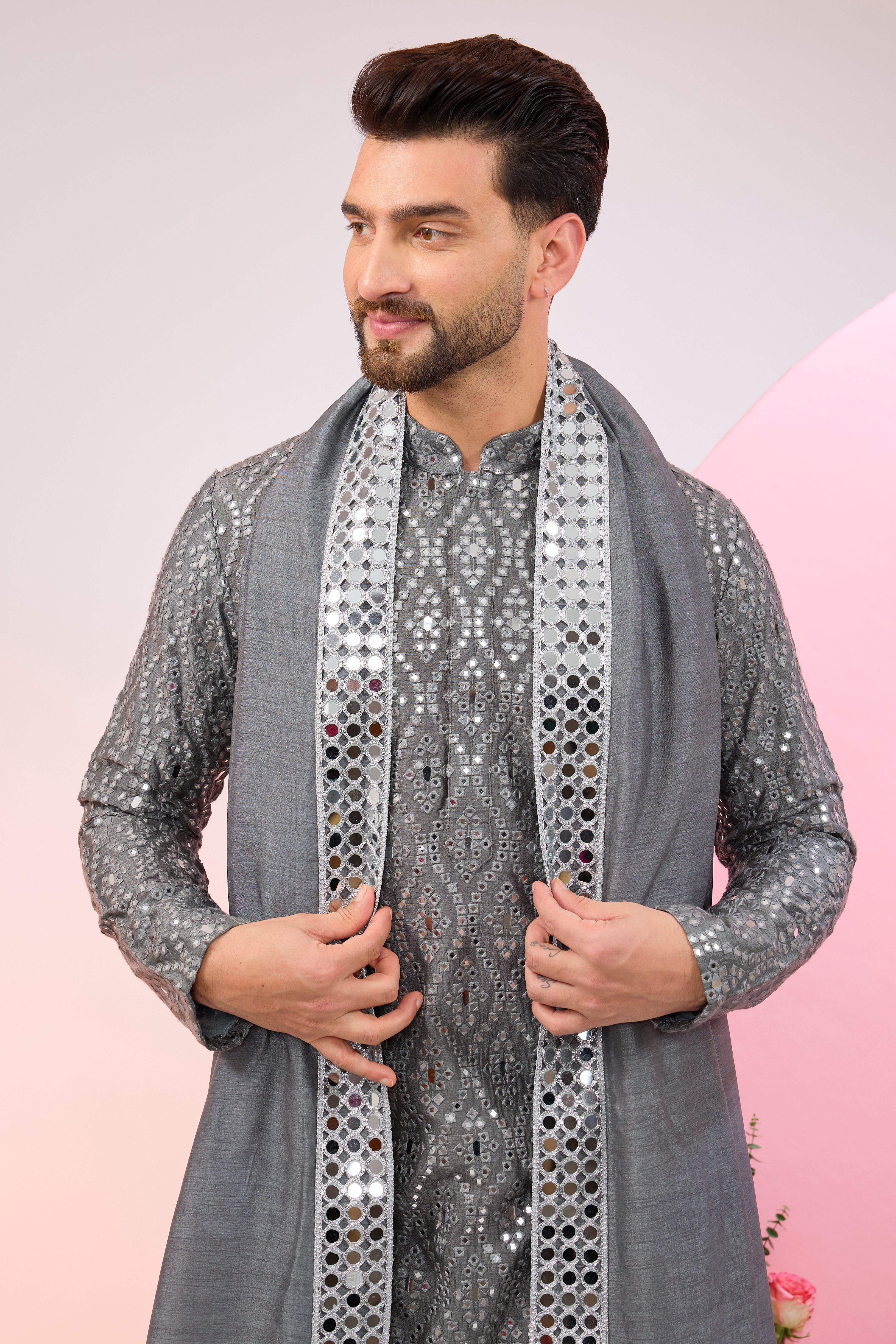 Signature slate-grey mirror-work kurta with mirror-work stole