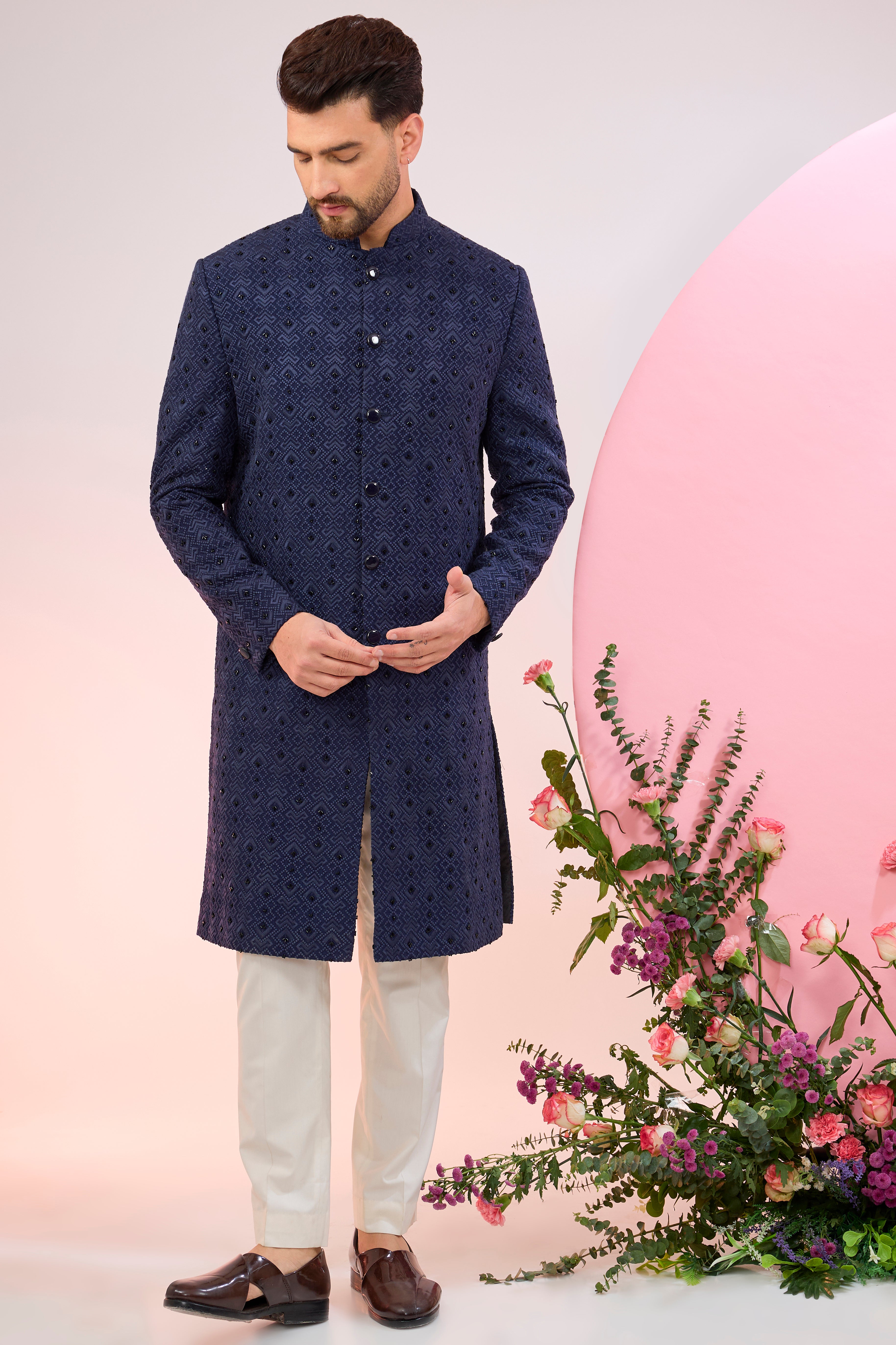 Navy blue geometrically embroidered sherwani with delicate cut-dana work