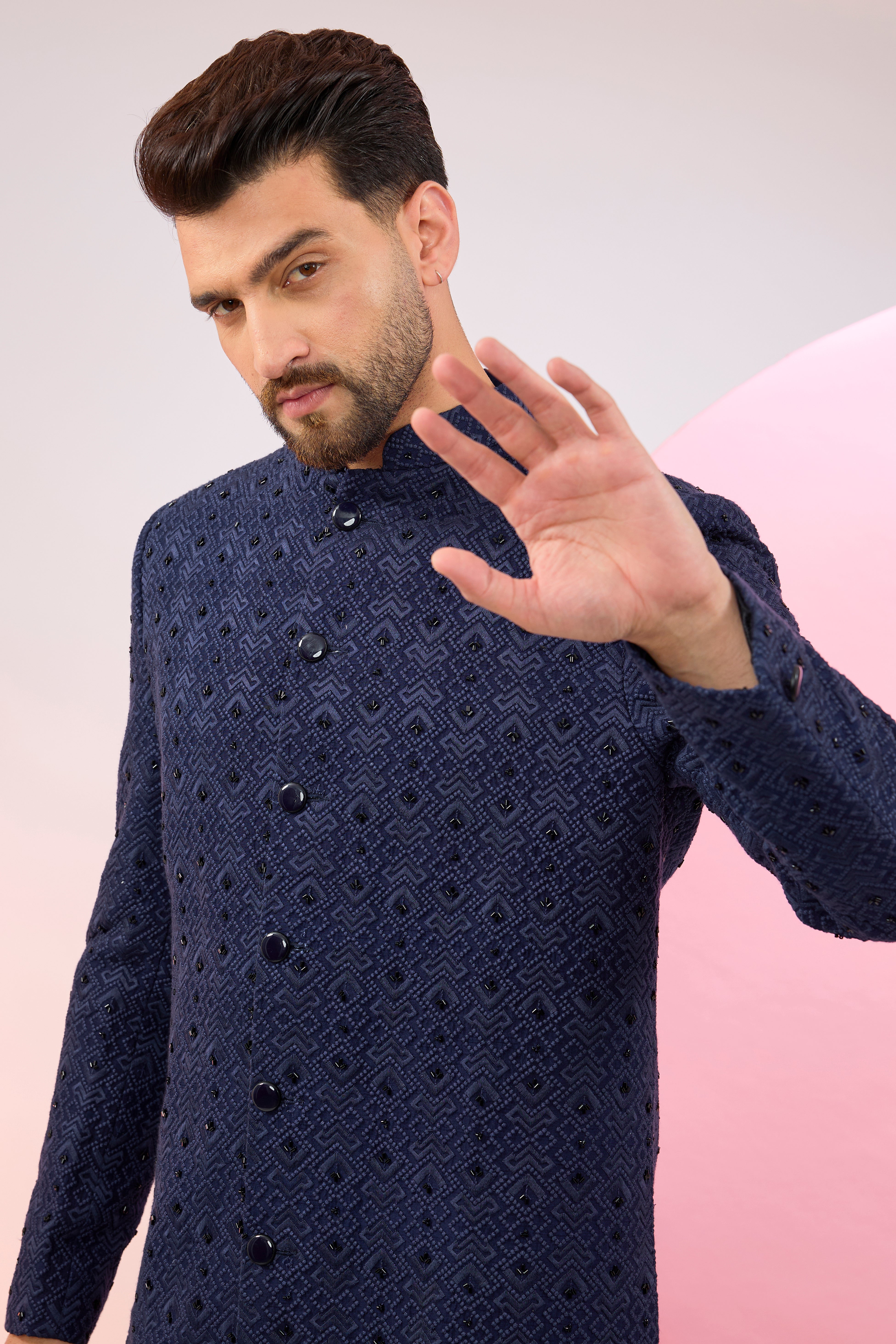 Navy blue geometrically embroidered sherwani with delicate cut-dana work