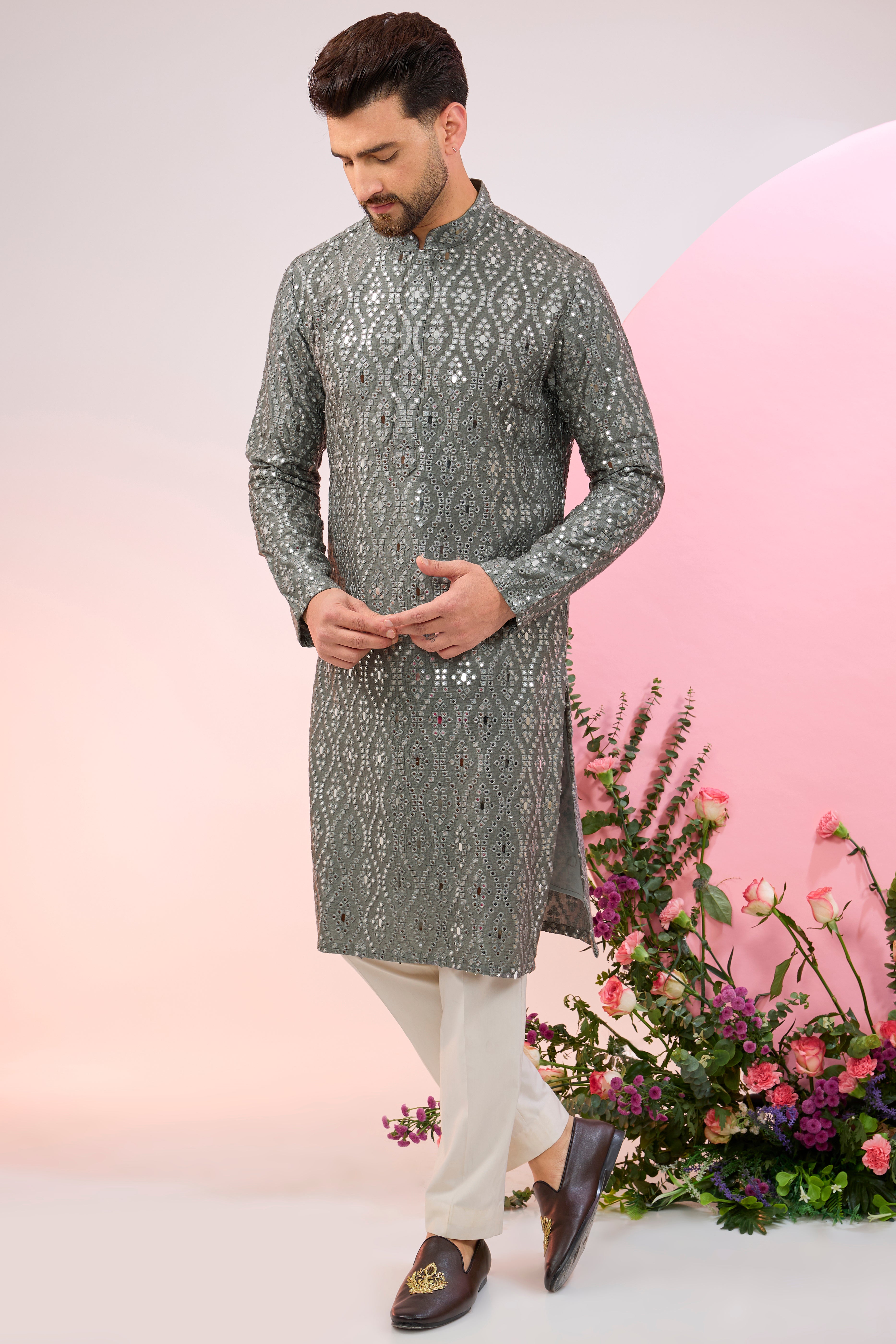 Signature slate-grey mirror-work kurta