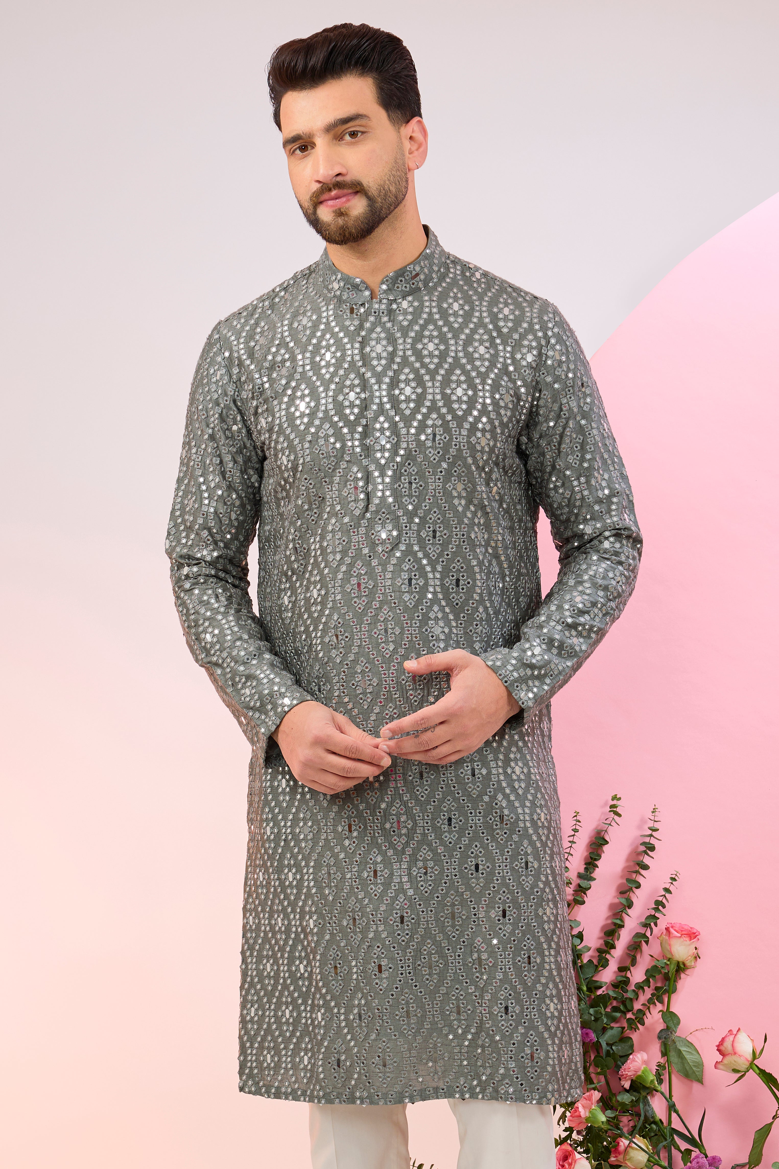 Signature slate-grey mirror-work kurta