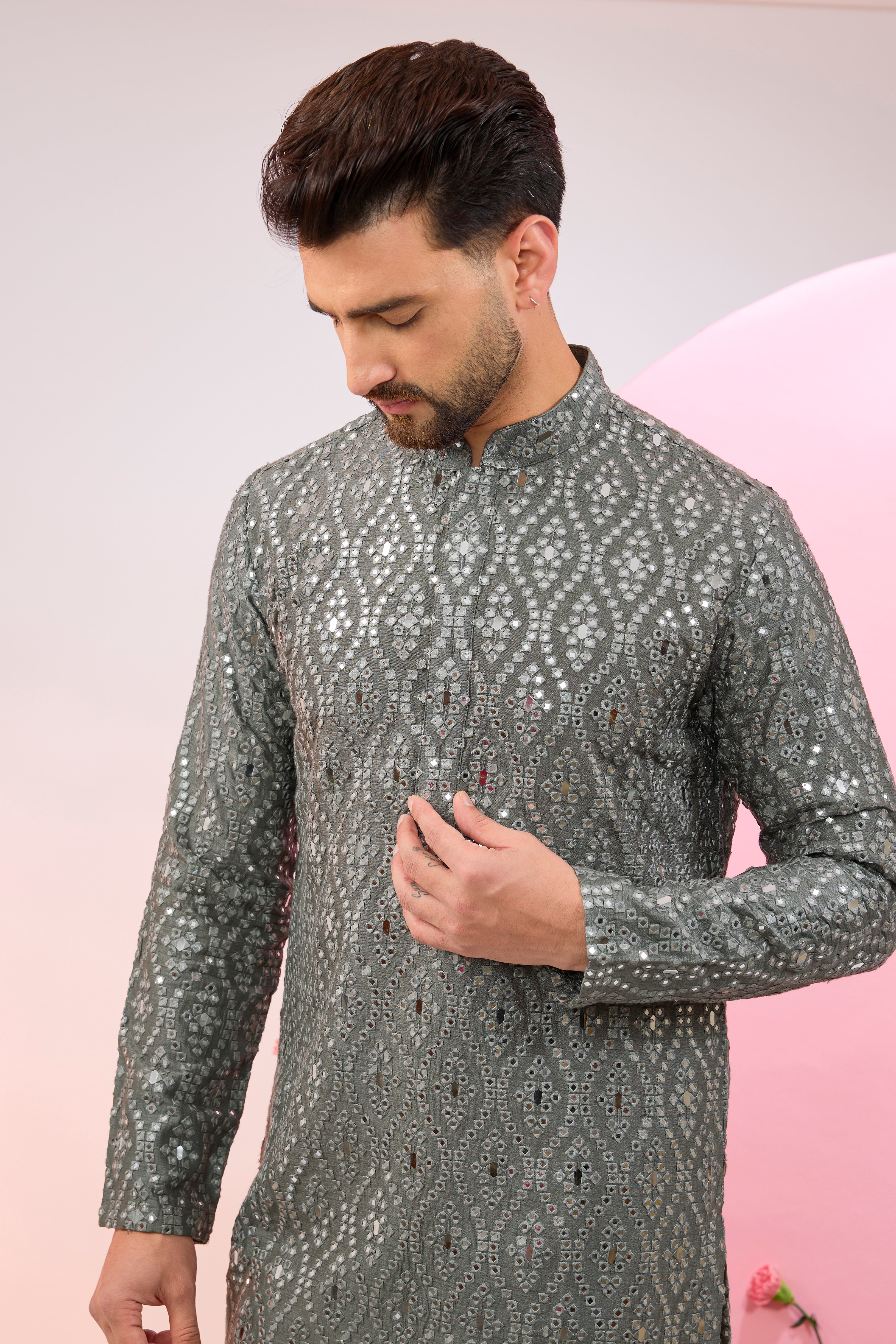 Signature slate-grey mirror-work kurta