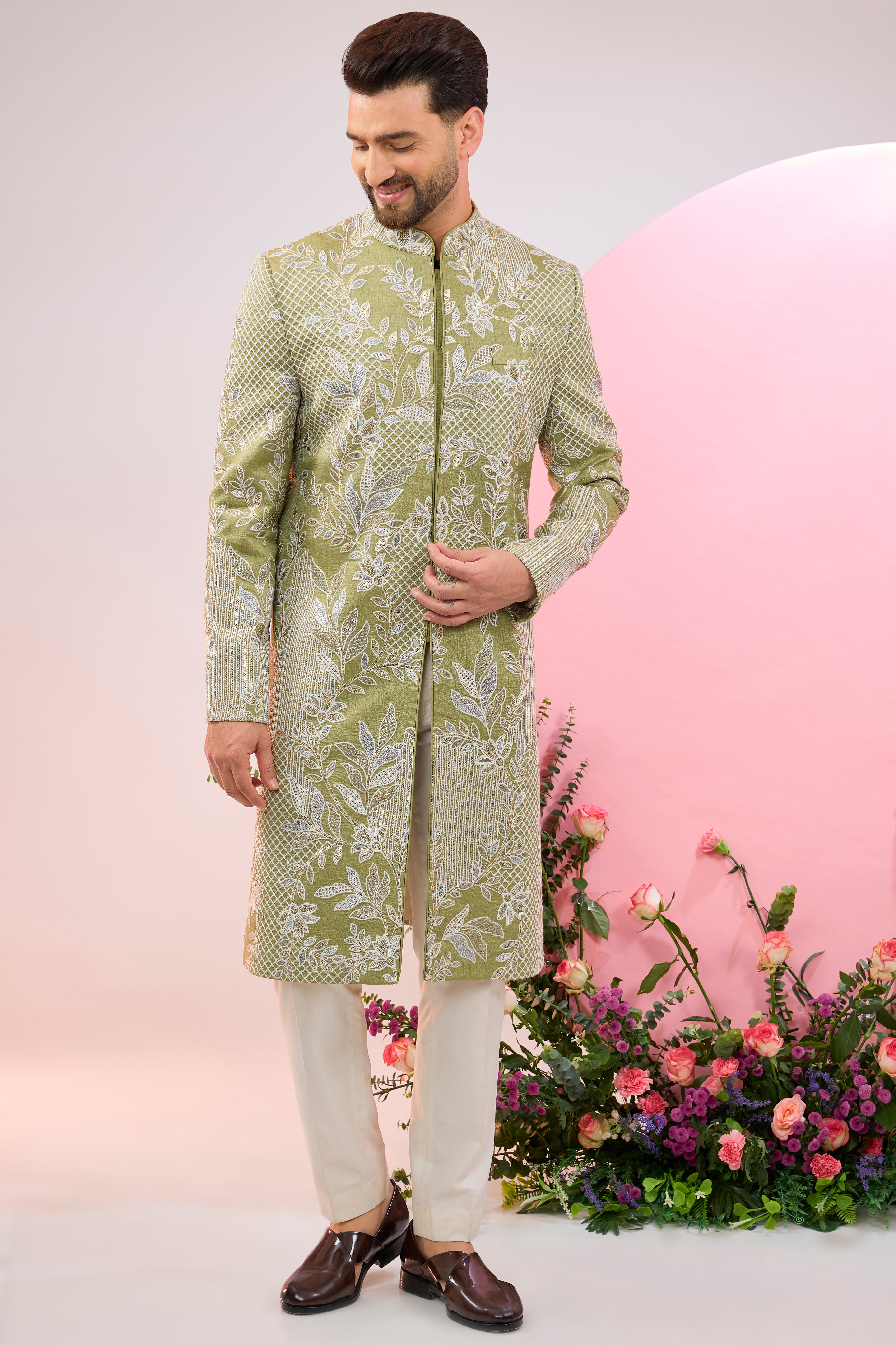 lime green floral embroidried sherwani