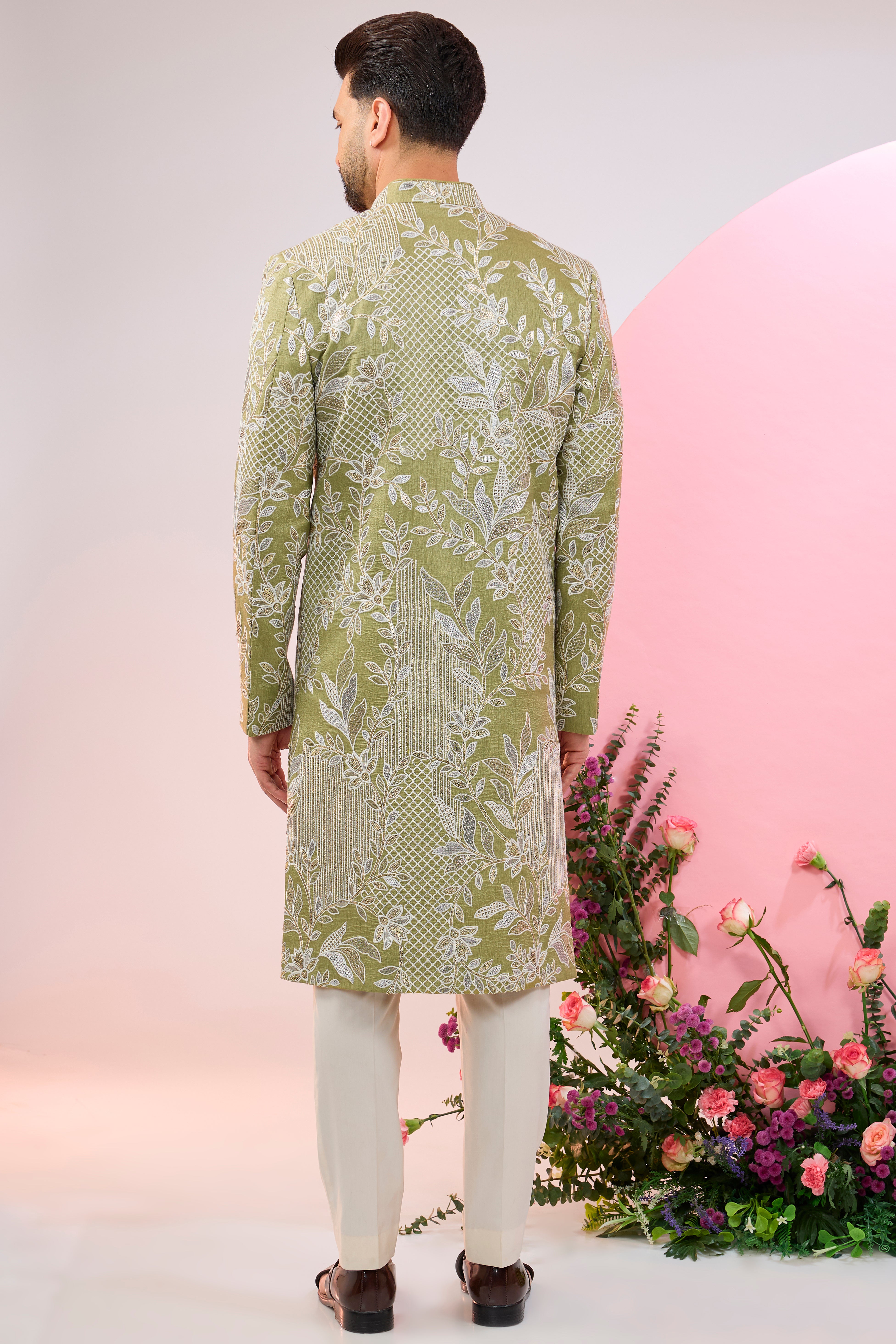 lime green floral embroidried sherwani