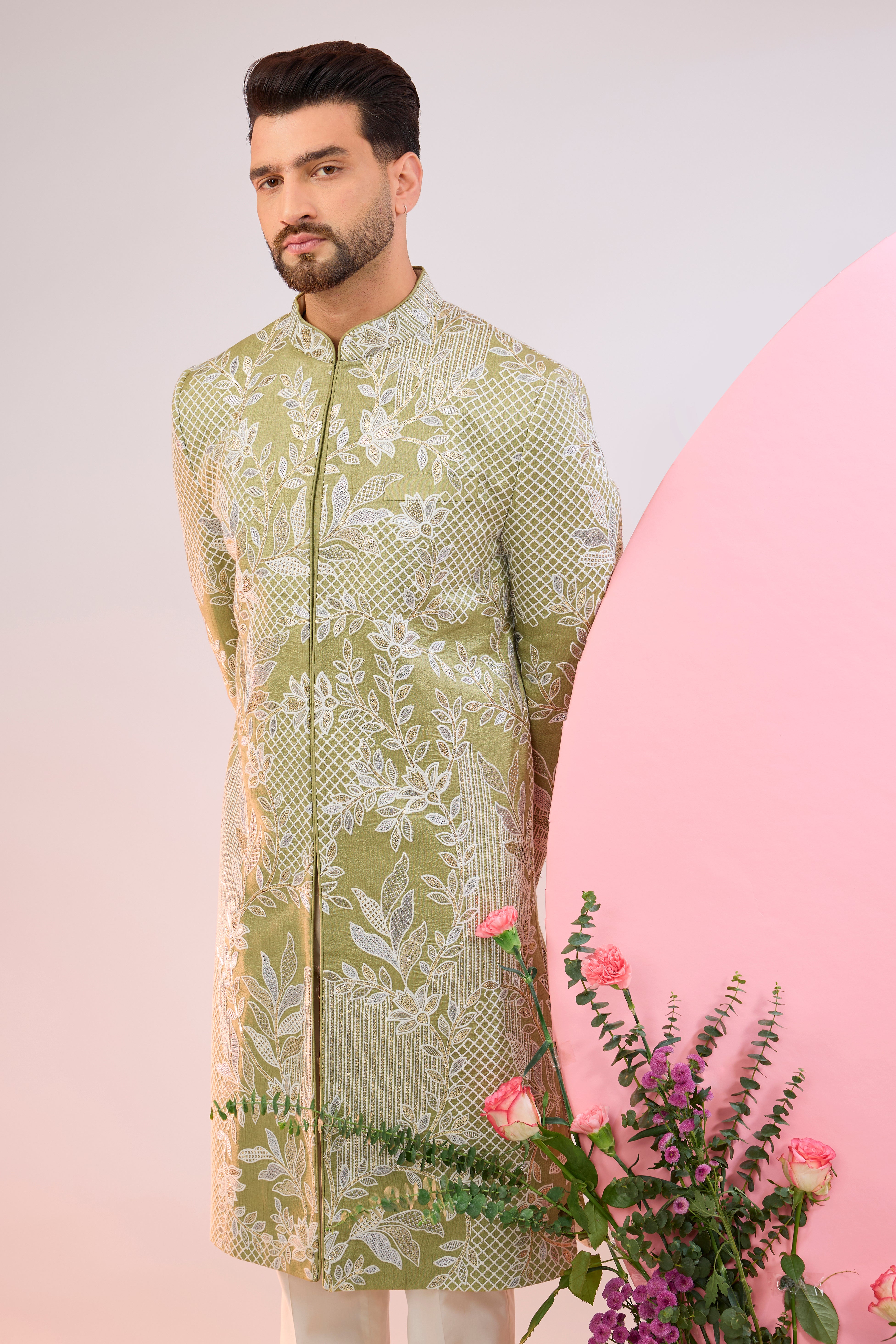 lime green floral embroidried sherwani