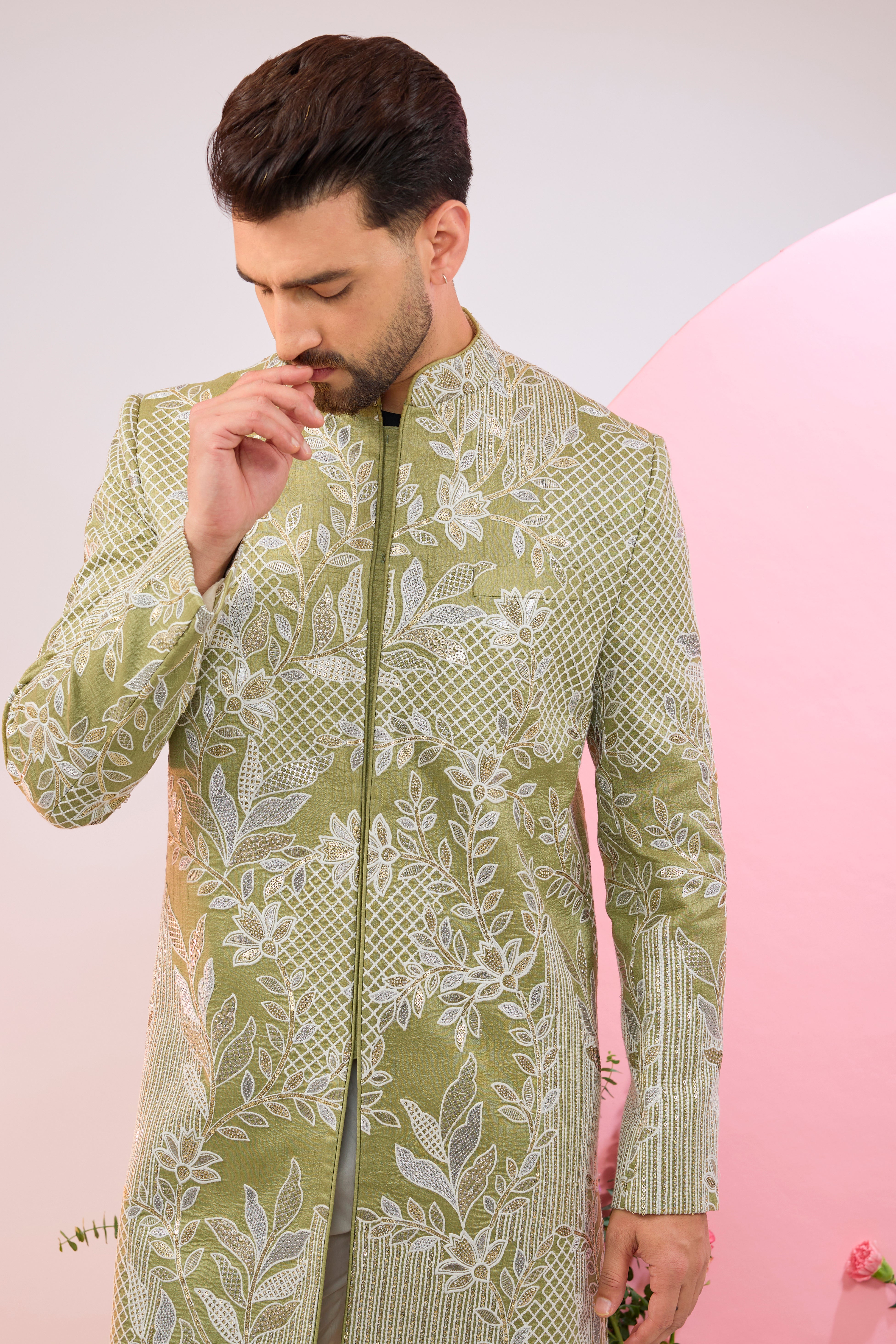 lime green floral embroidried sherwani