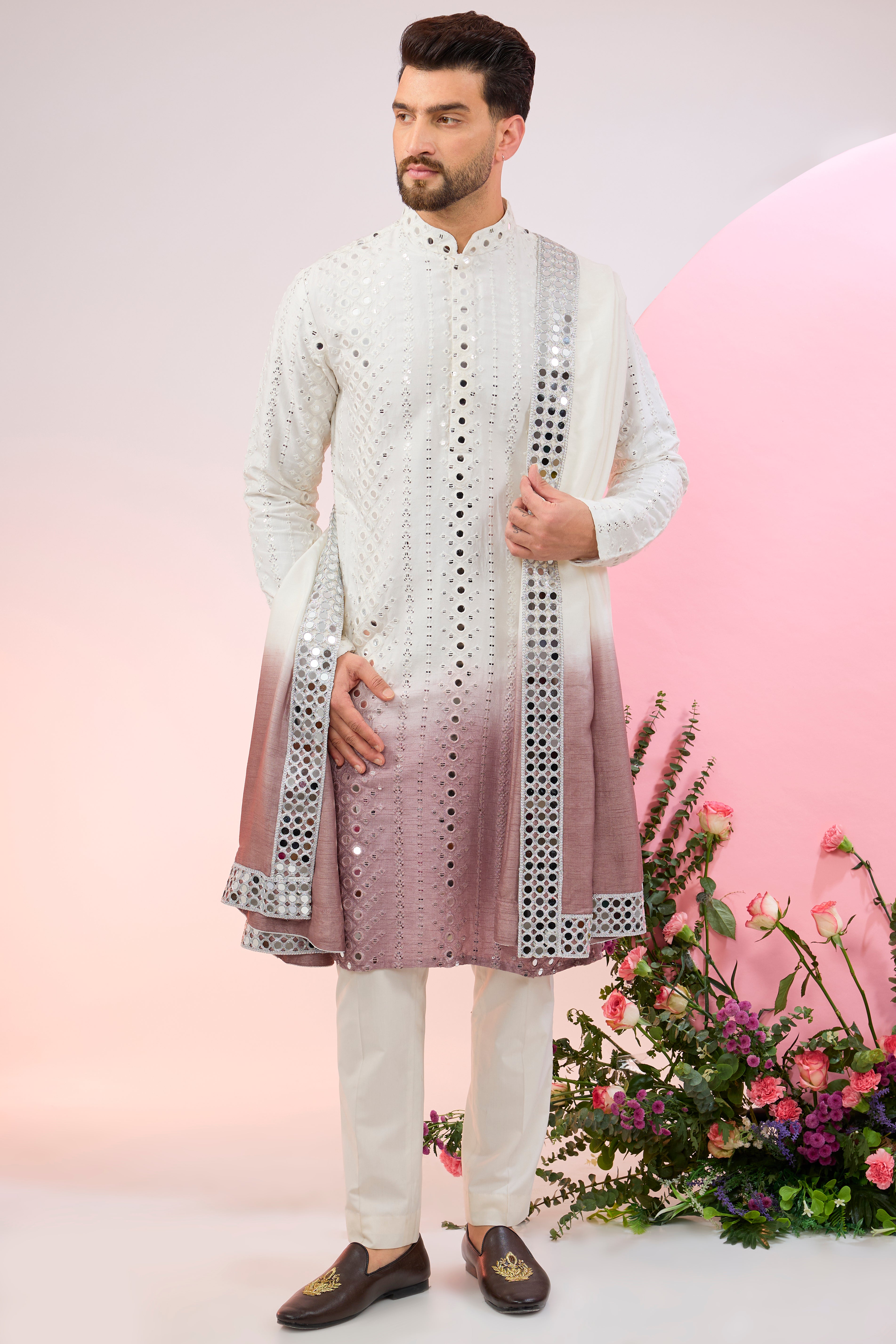 Signature ombre shaded mirror-work kurta paired with mirror-work stole.