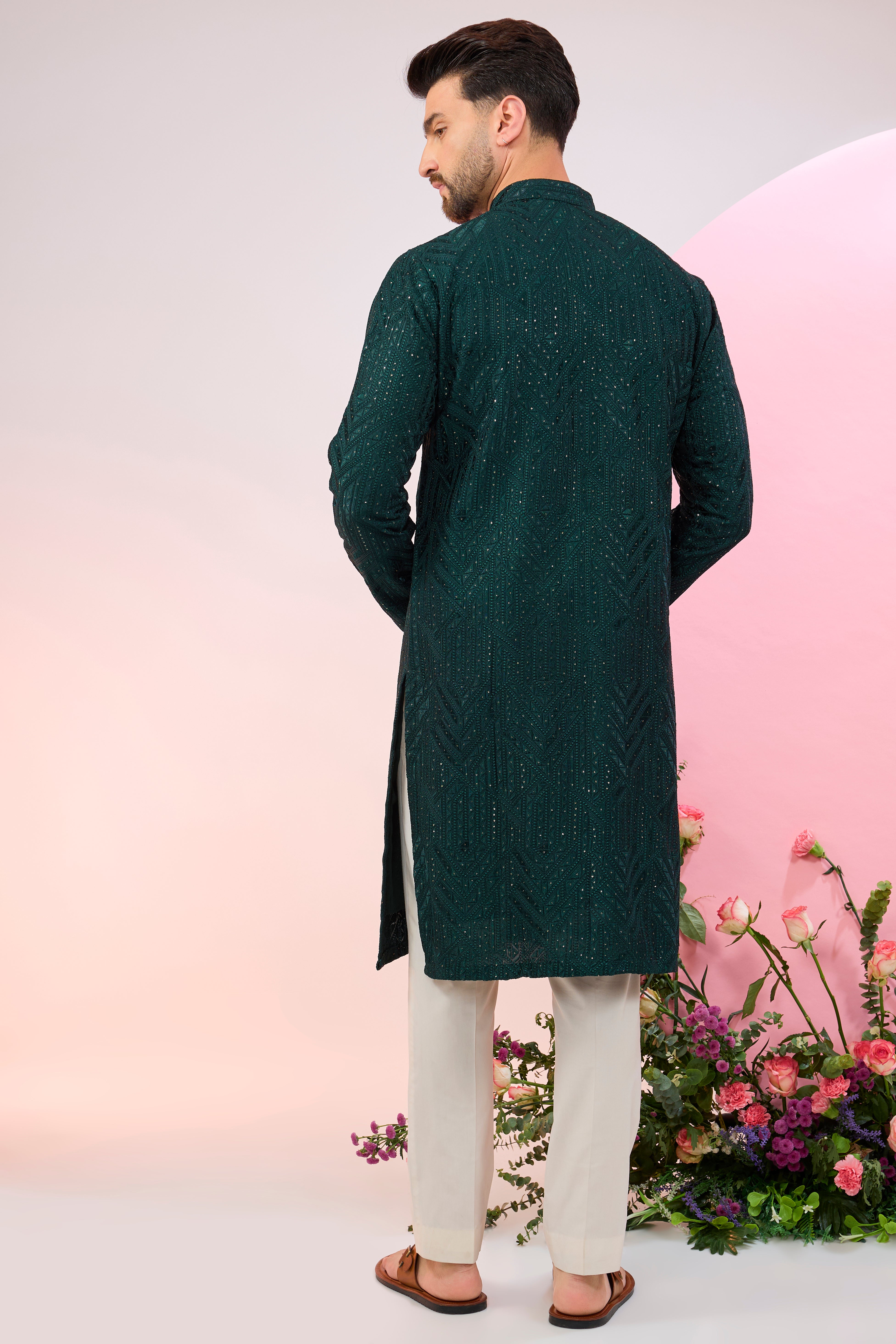 bottle green geometrically embroidried kurta